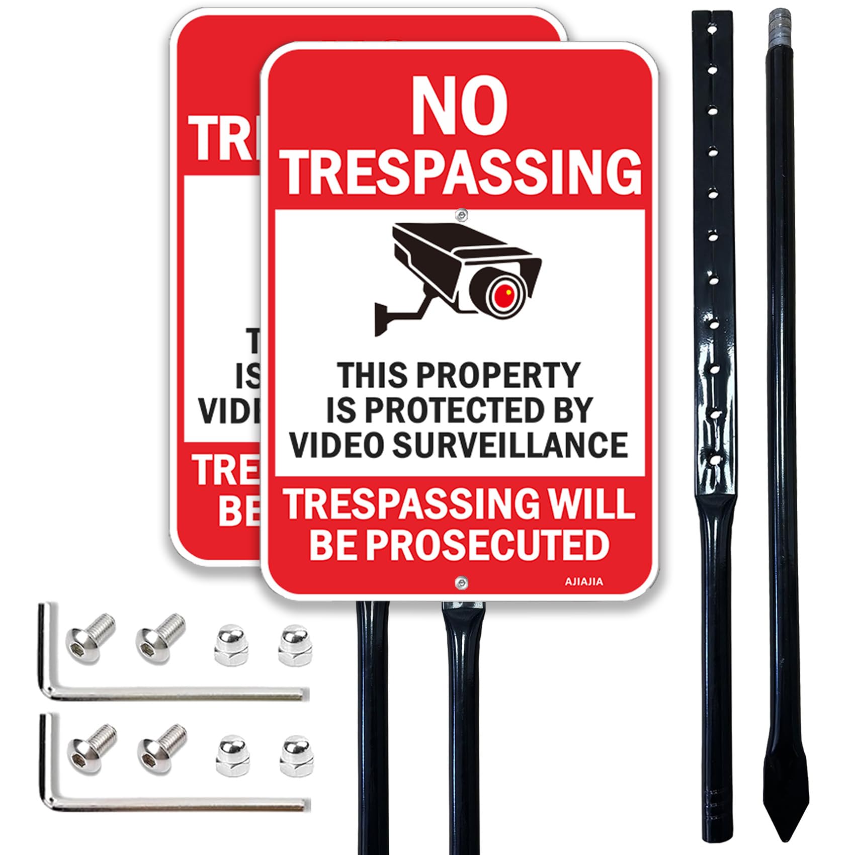 Großes Schild mit Aufschrift "No Trespassing Private Property", Videoüberwachung, mit 91,4 cm Pfahl, 35,6 x 25,4 cm, rostfreies Aluminium, reflektierend, wetterfest, wasserdicht