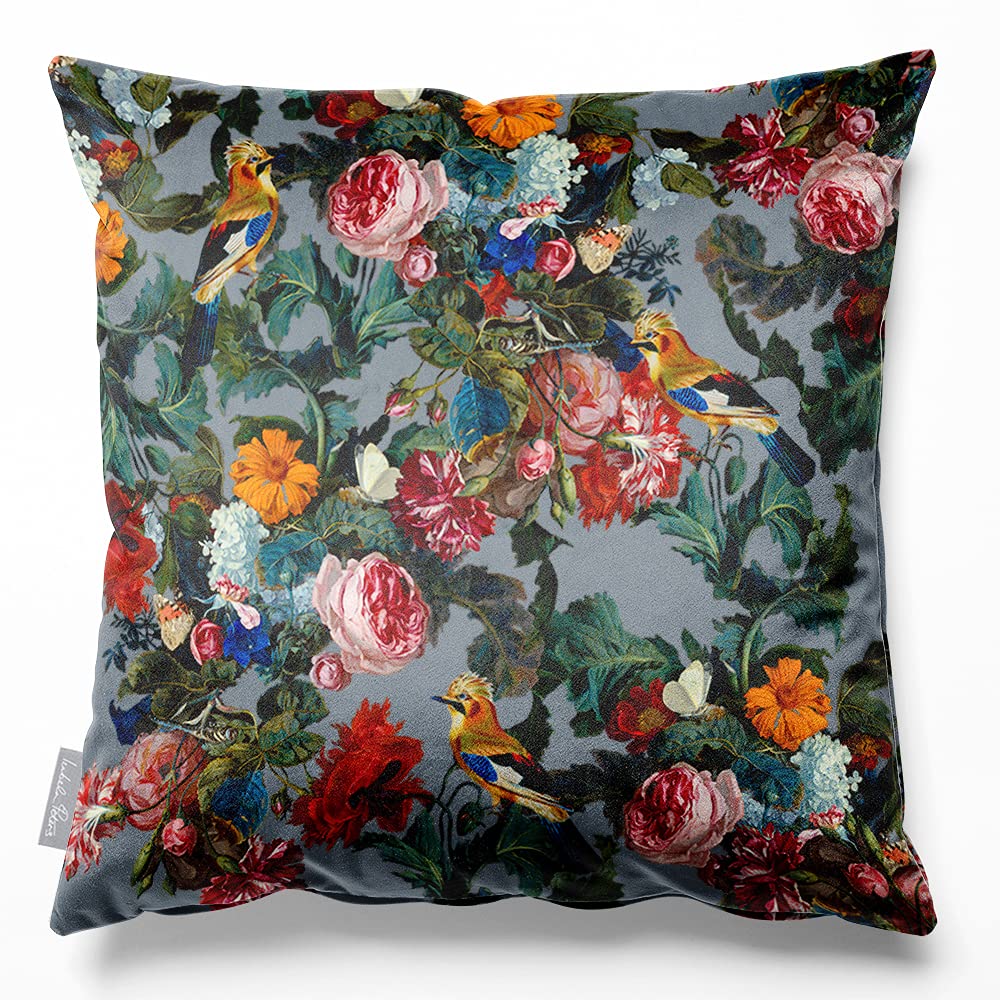 Izabela Peters French Grey Cushions With Covers, Filled, Eco-Friendly Velvet, 45 Cm, Birds In Paradise - For Chair, Sofa, Seat