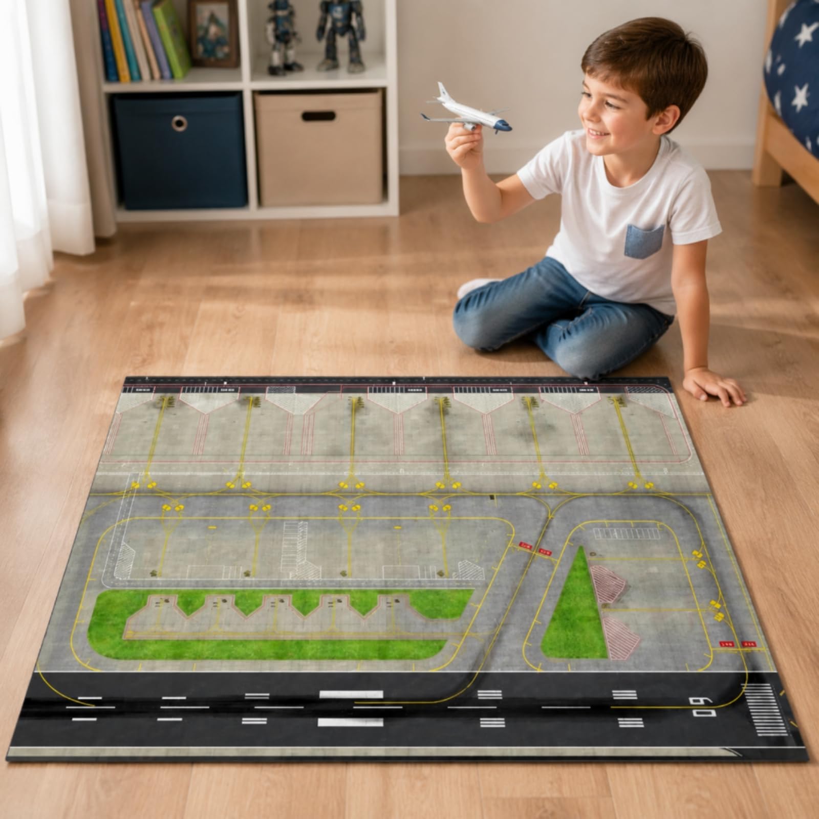 harayaa Supporto Base Aeroporto in Legno con Layout di Pista E Segnaletica Orizzontale Stampata E Aree Verdi Curate per Diorama di Modellismo E Esposizione su Scrivania Adatta per Attività Ricreative