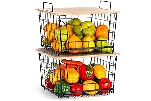 2 Pack Stackable Wire Basket with Bamboo Lid: Pantry Organizer for Fruits,...
