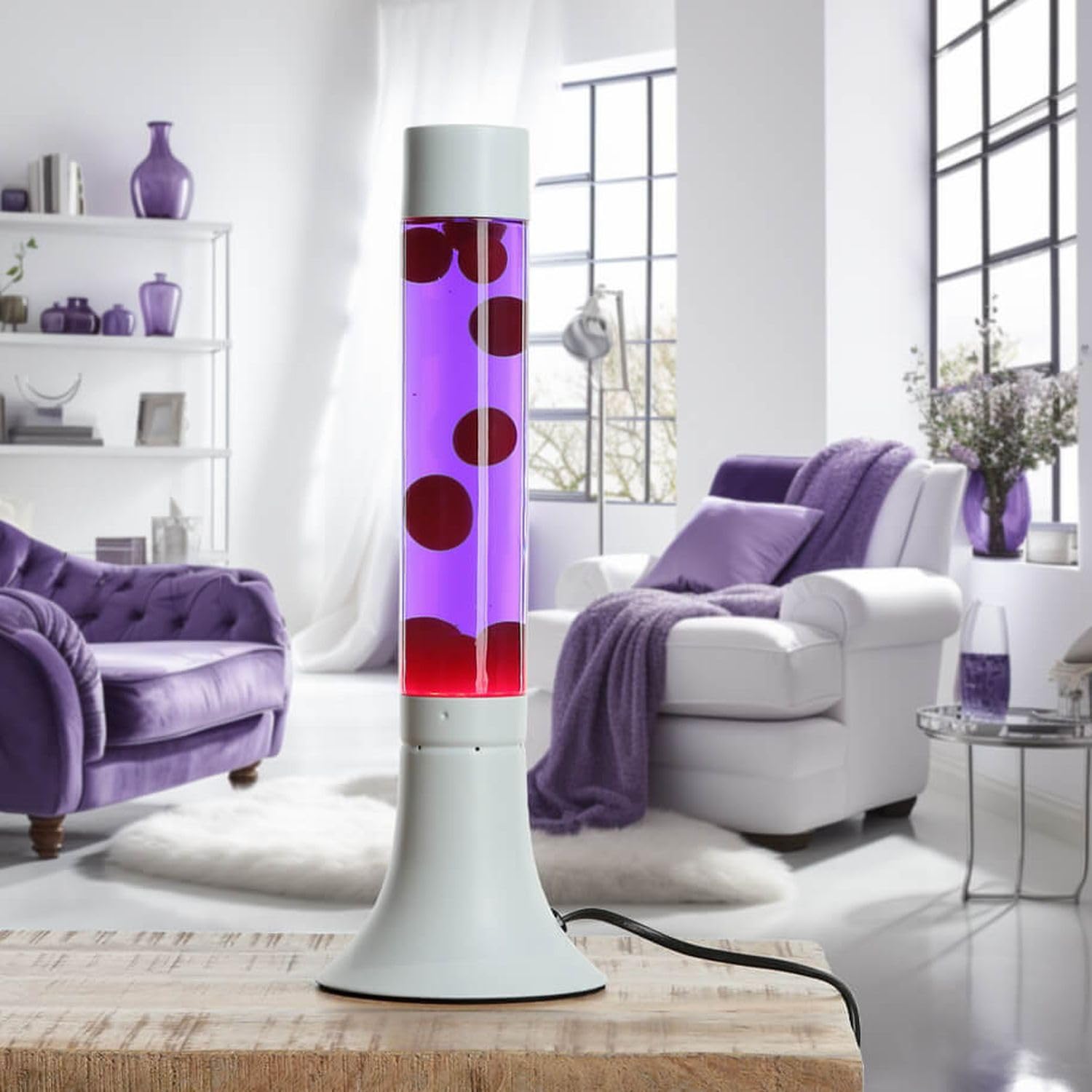 YVONNE:DESIGN Lavalampe Tischleuchte, 37,5 cm – Aluminium-Glas, Magma Rot/Violett, G9 inkl. Leuchtmittel