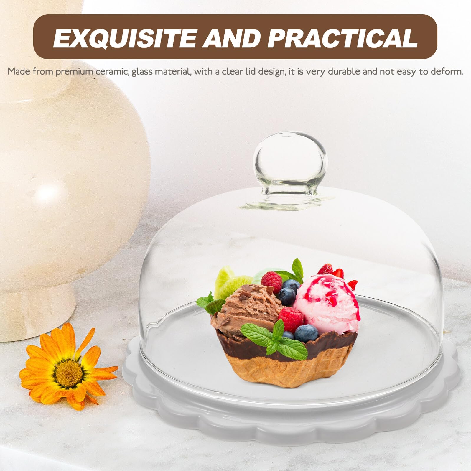 Kuchenständer Glas Und Keramik Mit Deckel Dessertplatte Rund 23,5cm Gewölbte Tortenhaube Für Hochzeit Party Und Tischdekoration