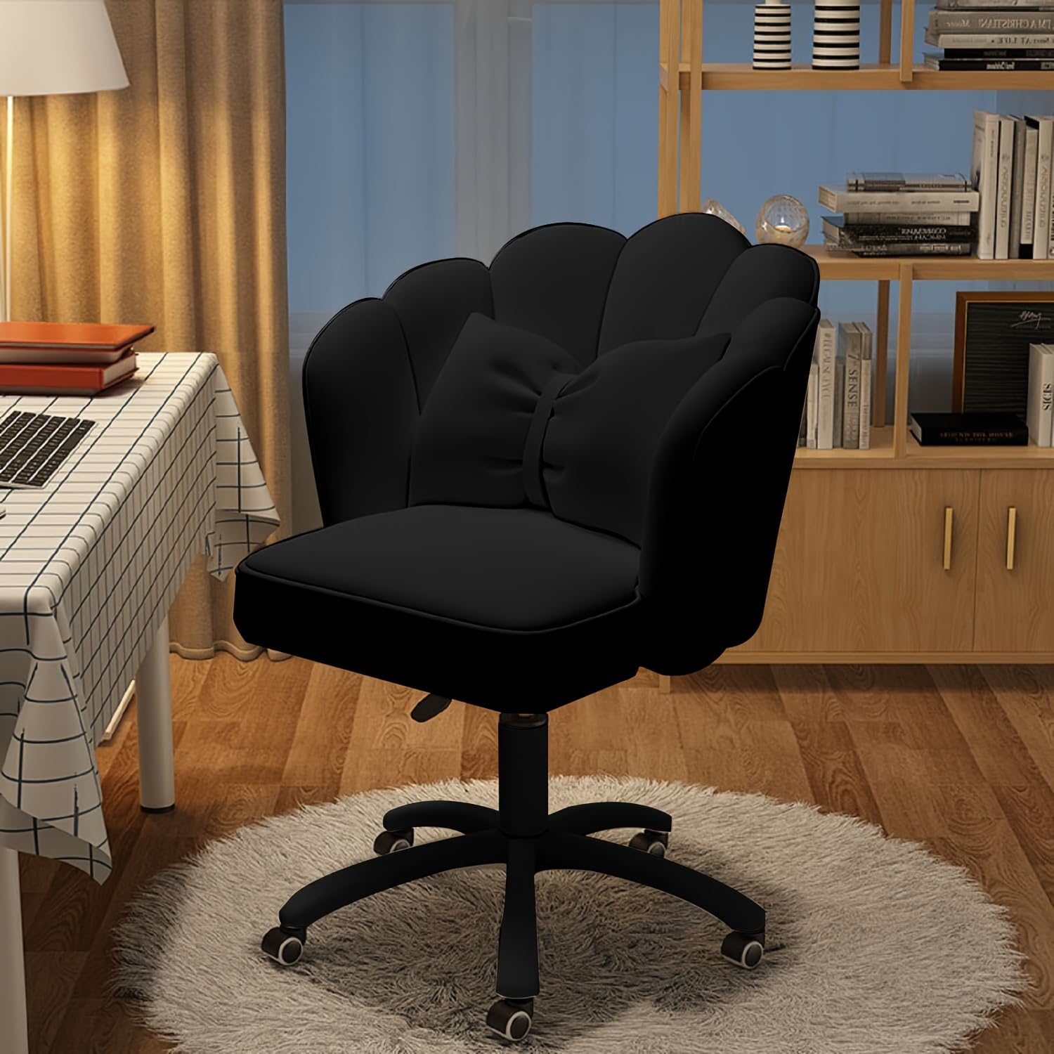 Office Chair Cute Petal Desk Chair, Home Office Chair Swivel Upholstered Leather Desk Chair, Ergonomic & Comfortable, Height Adjustable for Home, Beauty & Gaming (Black)