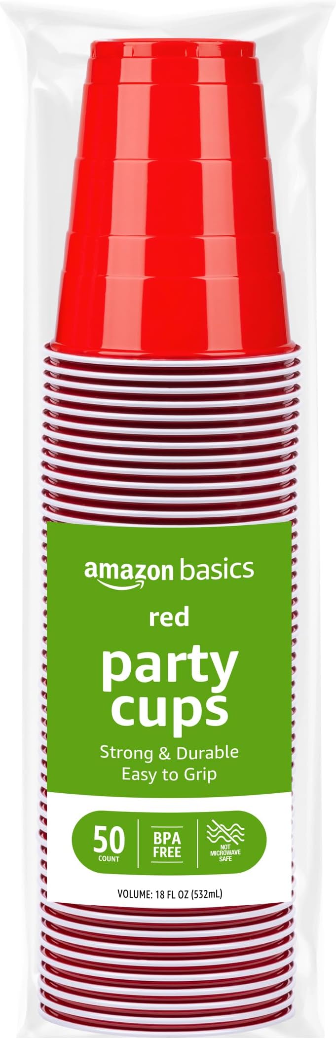 Amazon Basics Sturdy Disposable Plastic Party Cups for Cold Drinks, Red, 18oz, 50 Count, BPA-Free