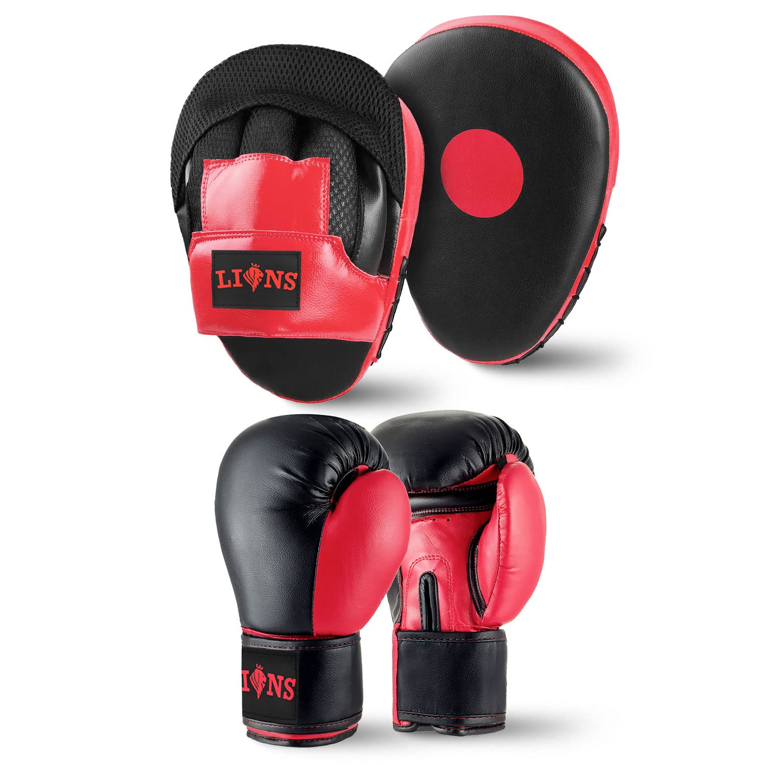 Lions Star Boxing Gloves and Pads Set For Men Women, Pair of Boxing Gloves with Hook and Jabs Mitts Focus Pads, Punching Sets Ideal for Punch Bag MMA Martial Arts (INJECTION - RED, 10oz)