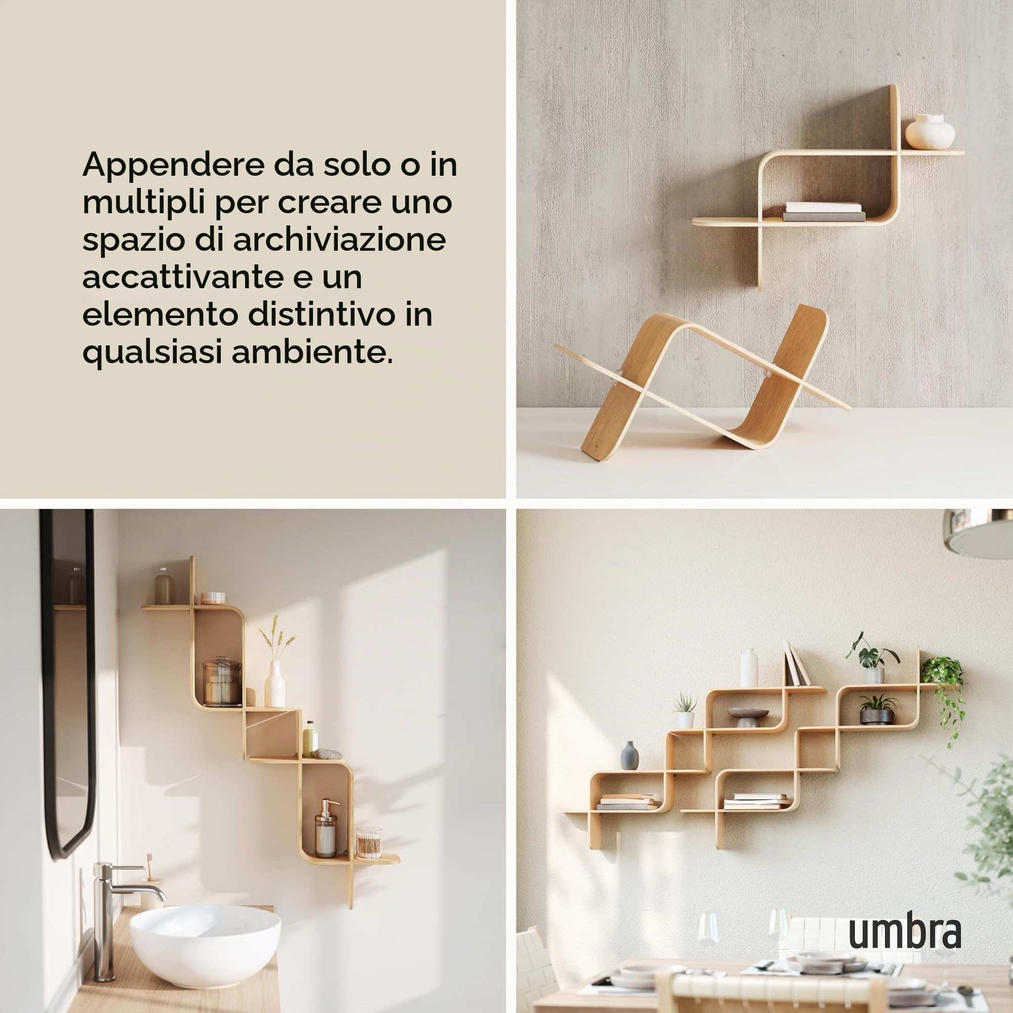 Umbra Mensola da parete sospesa, legno rinnovabile, Naturale