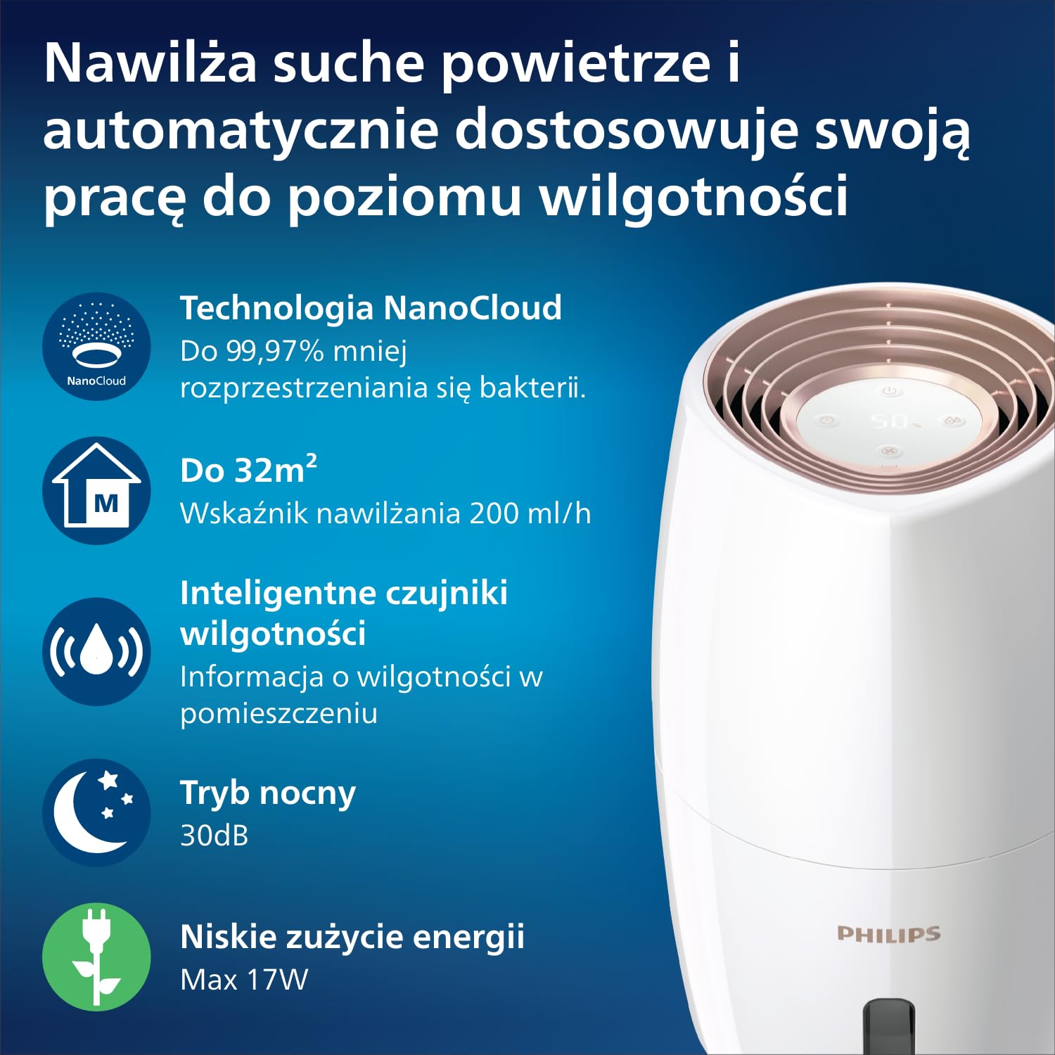 Philips Nawilżacz powietrza Serii 2000, Higieniczne nawilżanie NanoCloud, 99,97% mniej bakterii, 200 ml/h, Zbiornik 2L, Ultra cichy (33 dB), 3 prędkości, Tryby Auto i Nocny, Timer, Biały (HU2716/10)