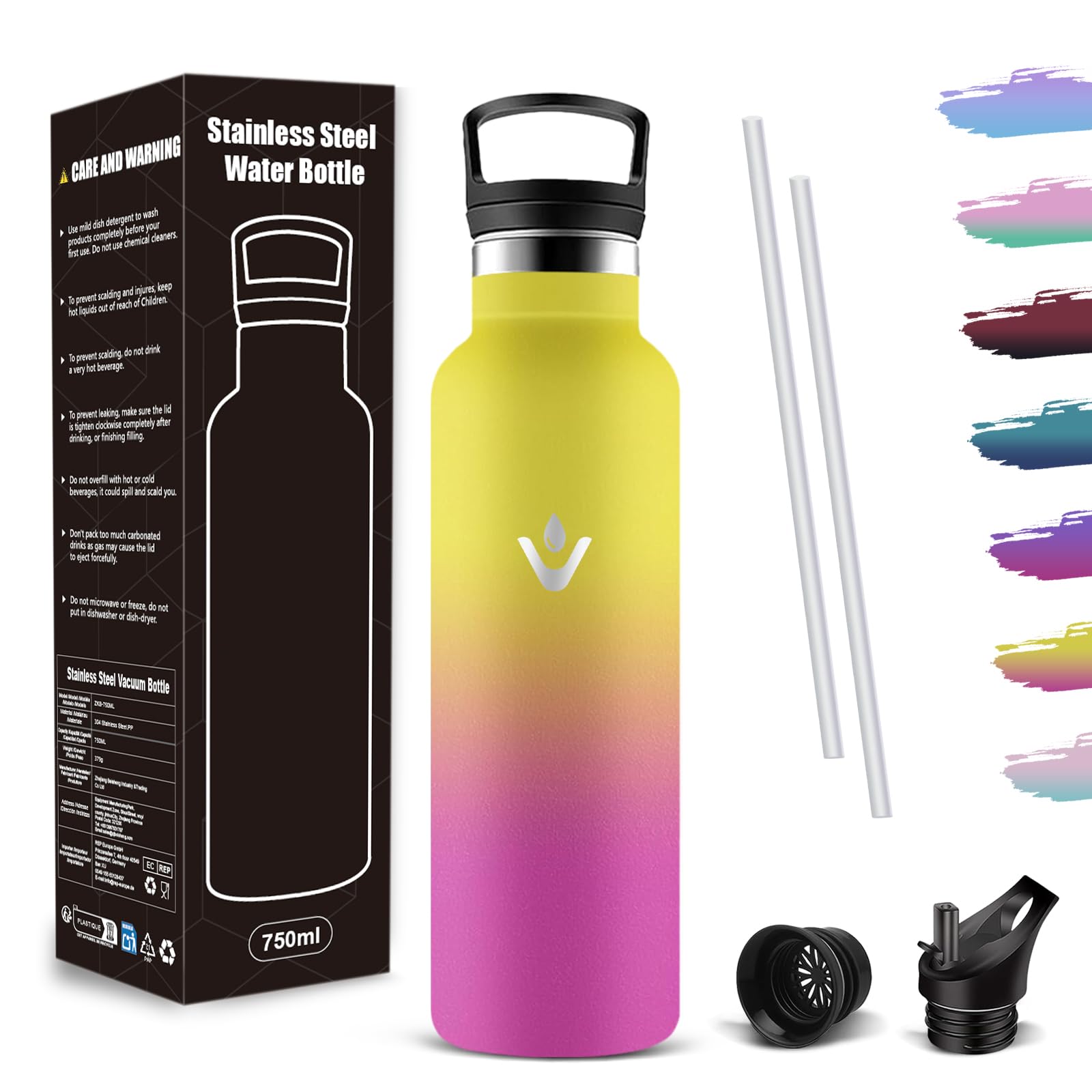 Mujigaga Insulated Water Bottle, 750ml, BPA Free, Straw Bottle with 2 Caps, Double Walled, Leakproof Stainless Steel Water Bottle for Sports, Camping, Office, Yoga