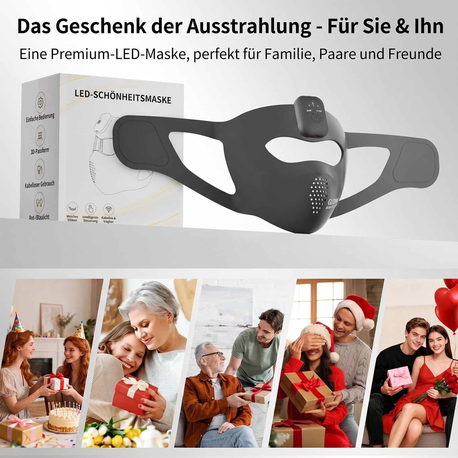 Gesichtsmasken-Lichttherapie, LED-Rotlichttherapie für das Gesicht, Infrarot- und Rotlichttherapie für das Gesicht, wiederaufladbares tragbares Rotlicht-Gesichtsgerät (Schwarz B)