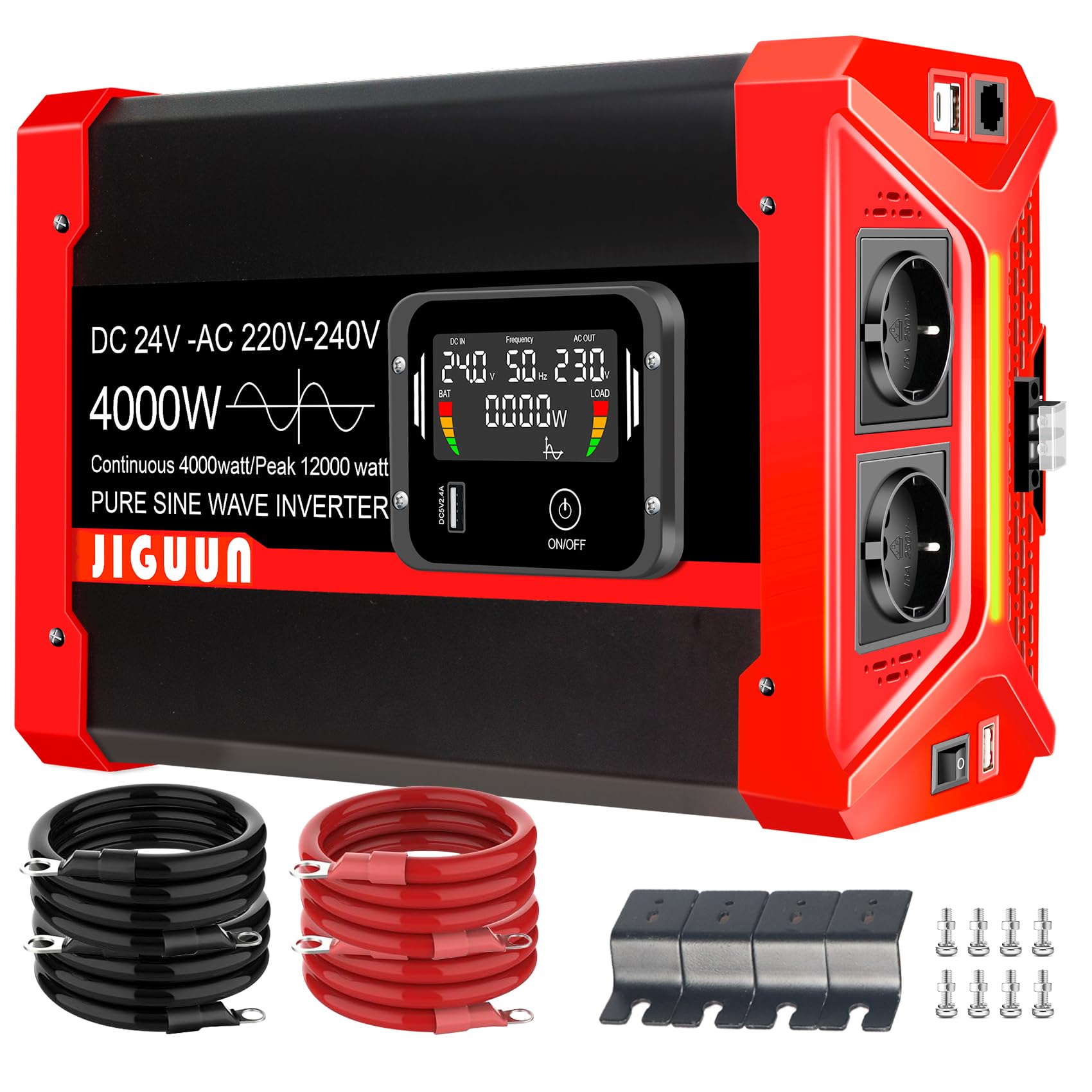 JIGUUN Konwerter 1500 W 12 V na 230 V z czystym sinusoidalnym pilotem zdalnego sterowania Wyświetlacz LCD 2 gniazdko UE i 1 port USB Moc szczytowa 3000 W do samochodu, na kemping, w podróży, w nagłych