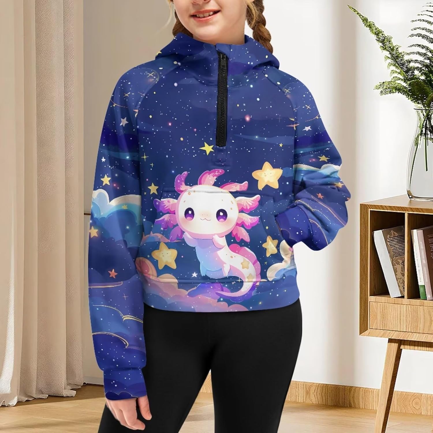 Girls Half Zip Sweatshirts Long Sleeve Hooded Pullover Crop Tops with Pocket Casual Fall Winter Clothes Size 5-14