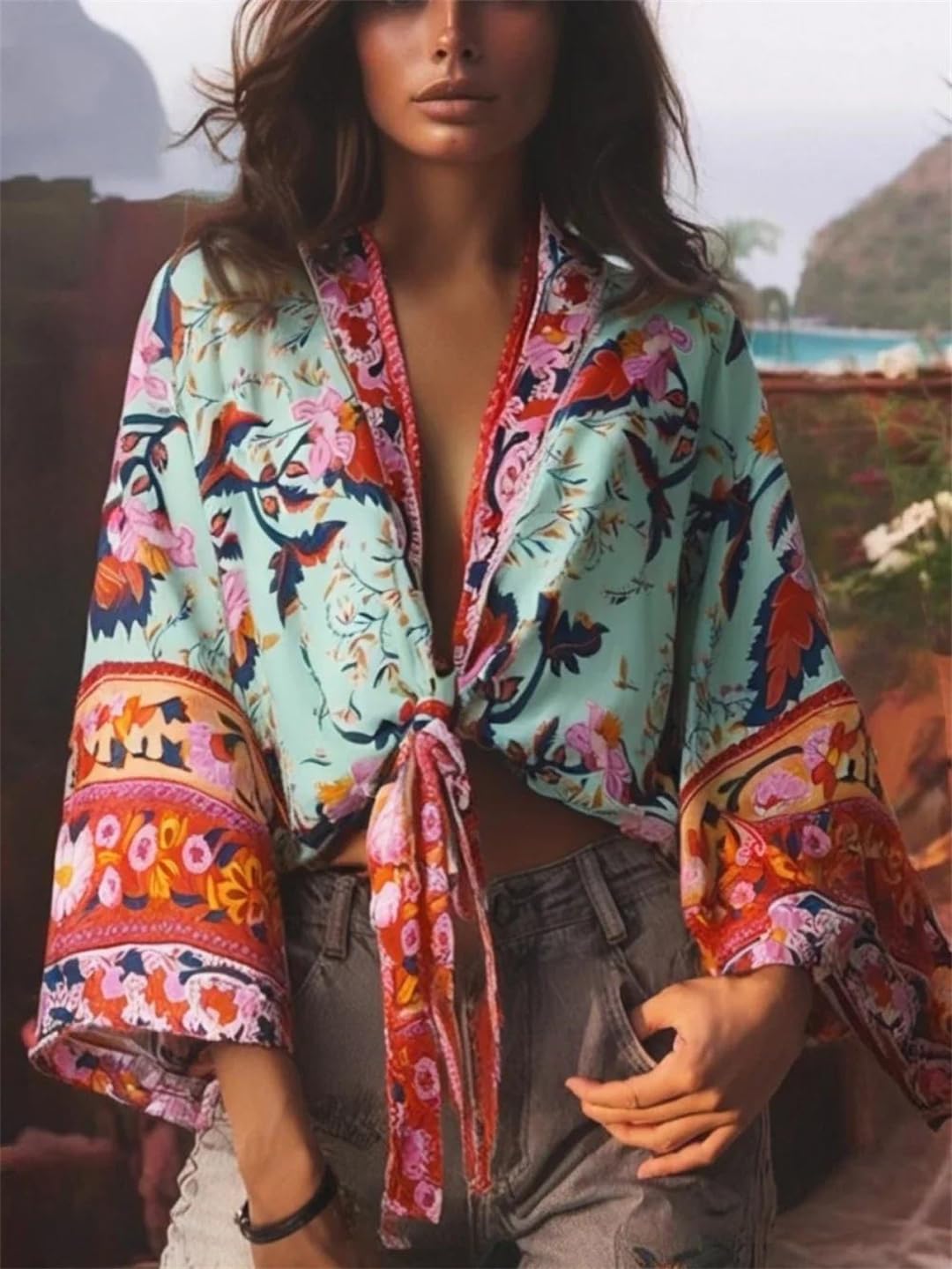 Kimono corto con estampado floral para mujer, cuello en V, mangas murciélago, bata bohemia para cubrir el bikini