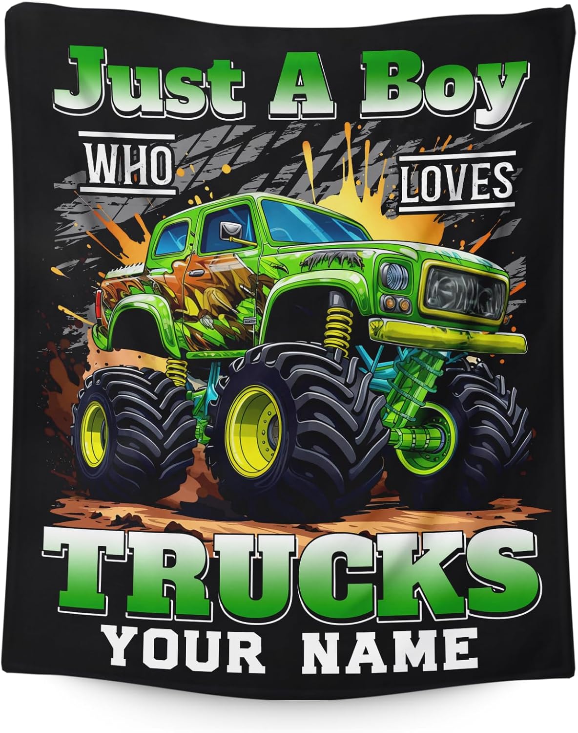 Personalized with Name Boys Blanket, 60x50 Inches Throw Size Truck Blanket Gifts for Kids Teens - Green Cool Truck Throws for Bed, Couch Decor for All Seasons