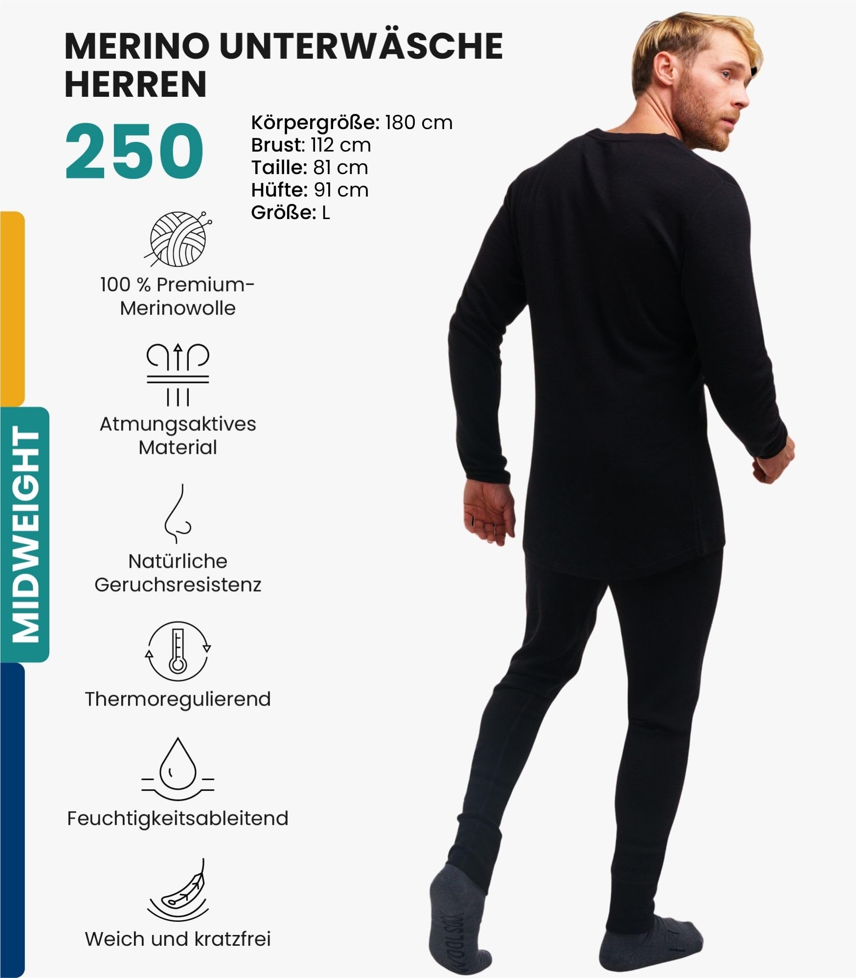 Merino.tech 100% Merino Unterwäsche Herren Set - Leicht, Mittelgewicht, Thermounterwäsche Merinowolle, Langarm Shirt und Hose + Wandersocken aus Merinowolle