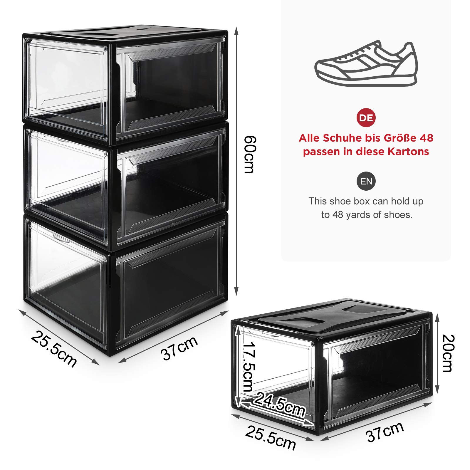 Yorbay Schuhbox, 3er Set, stapelbarer Schuhorganizer, Kunststoffbox mit durchsichtiger Tür, Schuhaufbewahrung, für Schuhe bis Größe 48, Super transparent schwarz