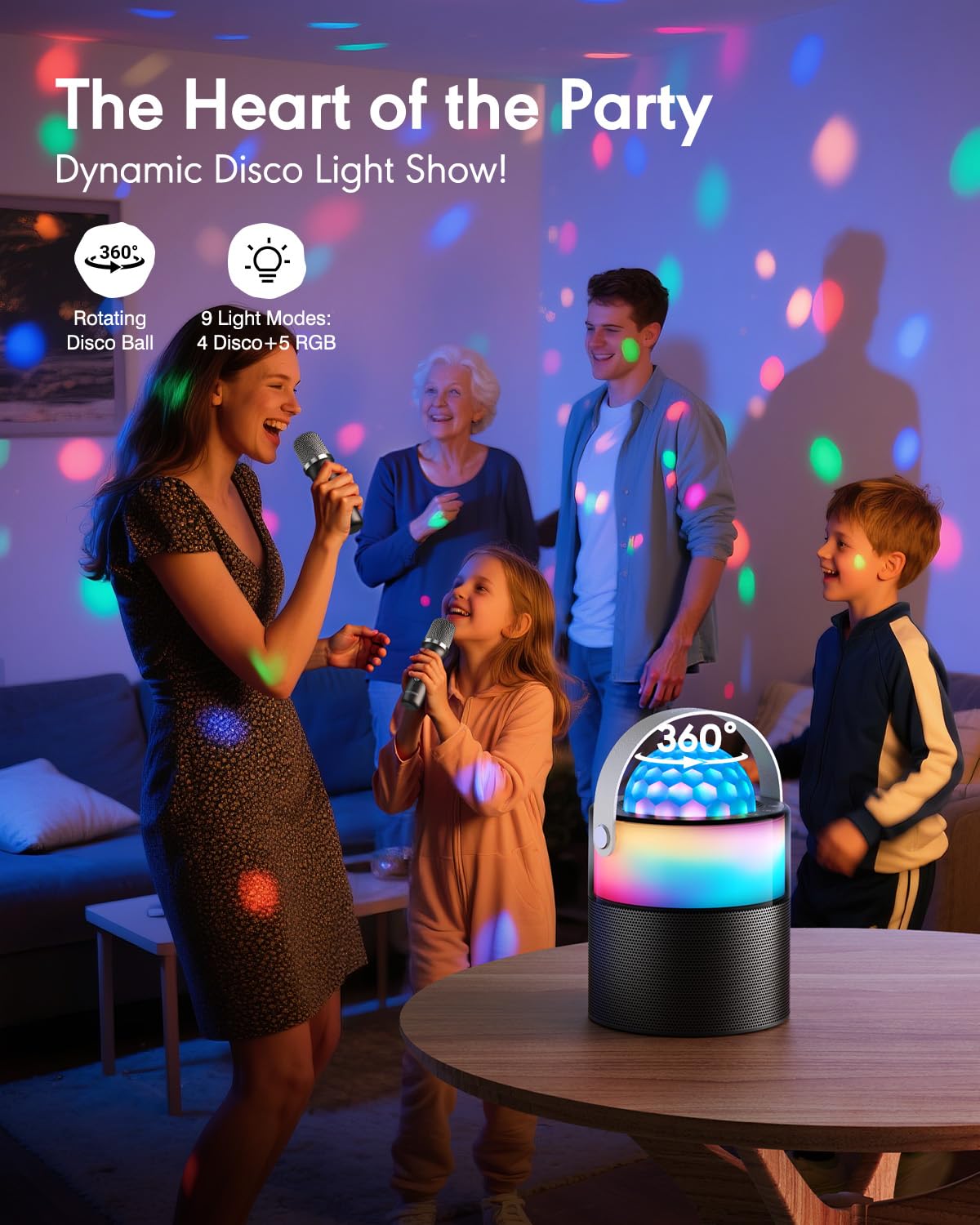 Máquina de karaoke, mini altavoz Bluetooth portátil inalámbrico con 2 micrófonos inalámbricos para adultos y niños, máquina de canto, luces LED de discoteca para viajes, niñas, niños, regalos