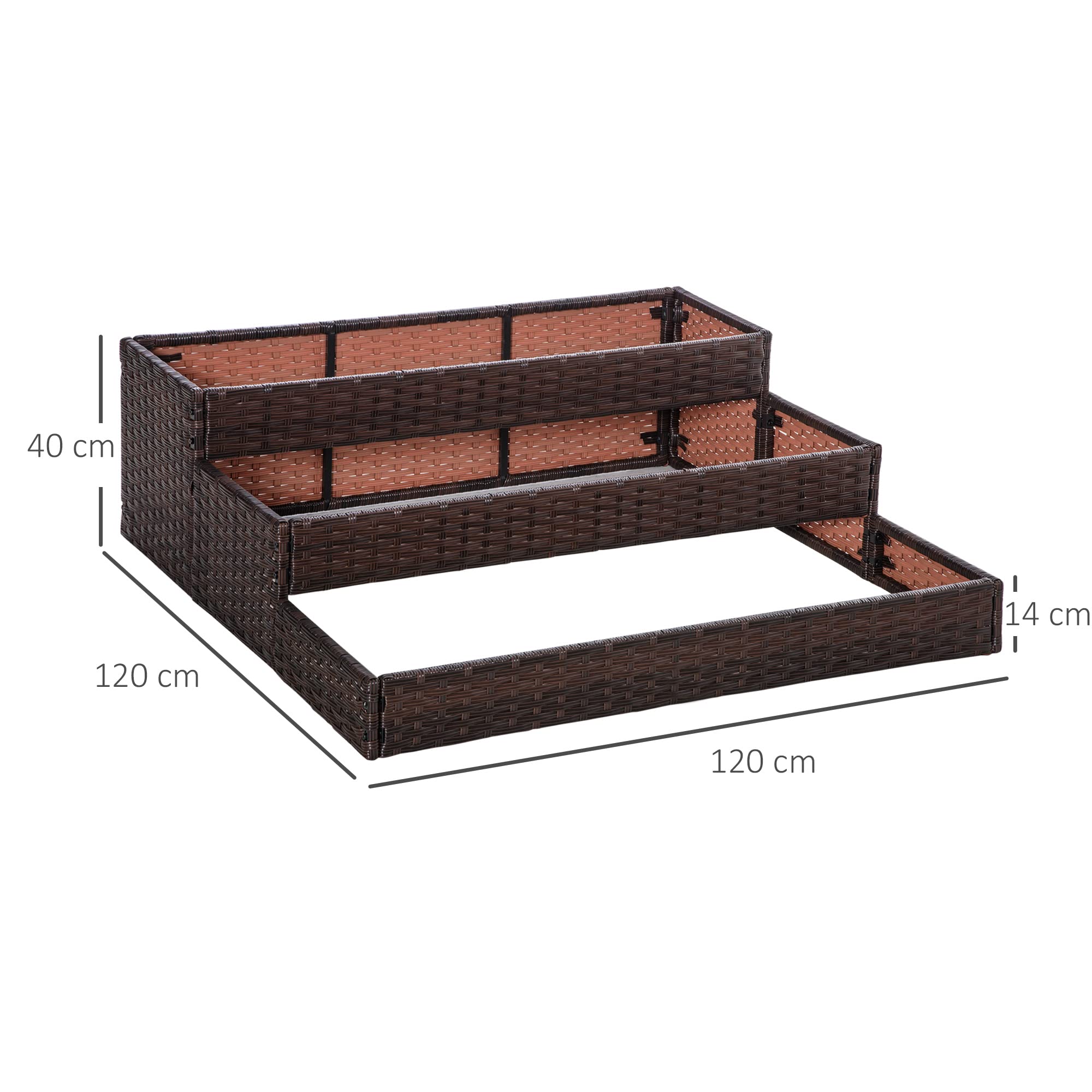 Outsunny Letto per Orto Rialzato a 3 Livelli in Rattan con Fondo Aperto, Orto Rialzato da Esterno per Verdure, Fiori e Piante, 120x120x40 cm, Grigio Talpa