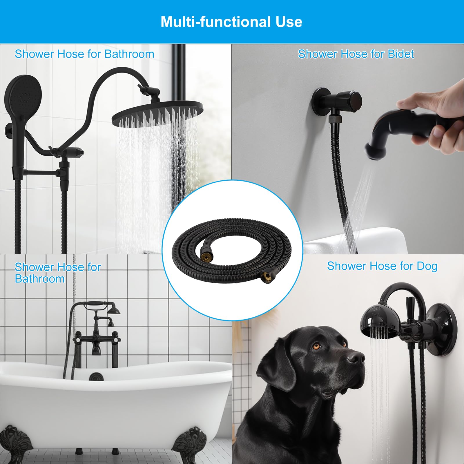 Hibbent All Metal Shower Hose, 90 Inch Stainless Steel Extra Long Shower Hose Replacement, Anti-Twist Flexible Bathroom Handheld Shower Head Hose Extension With Brass Insert & Nut, Matte Black - View #2