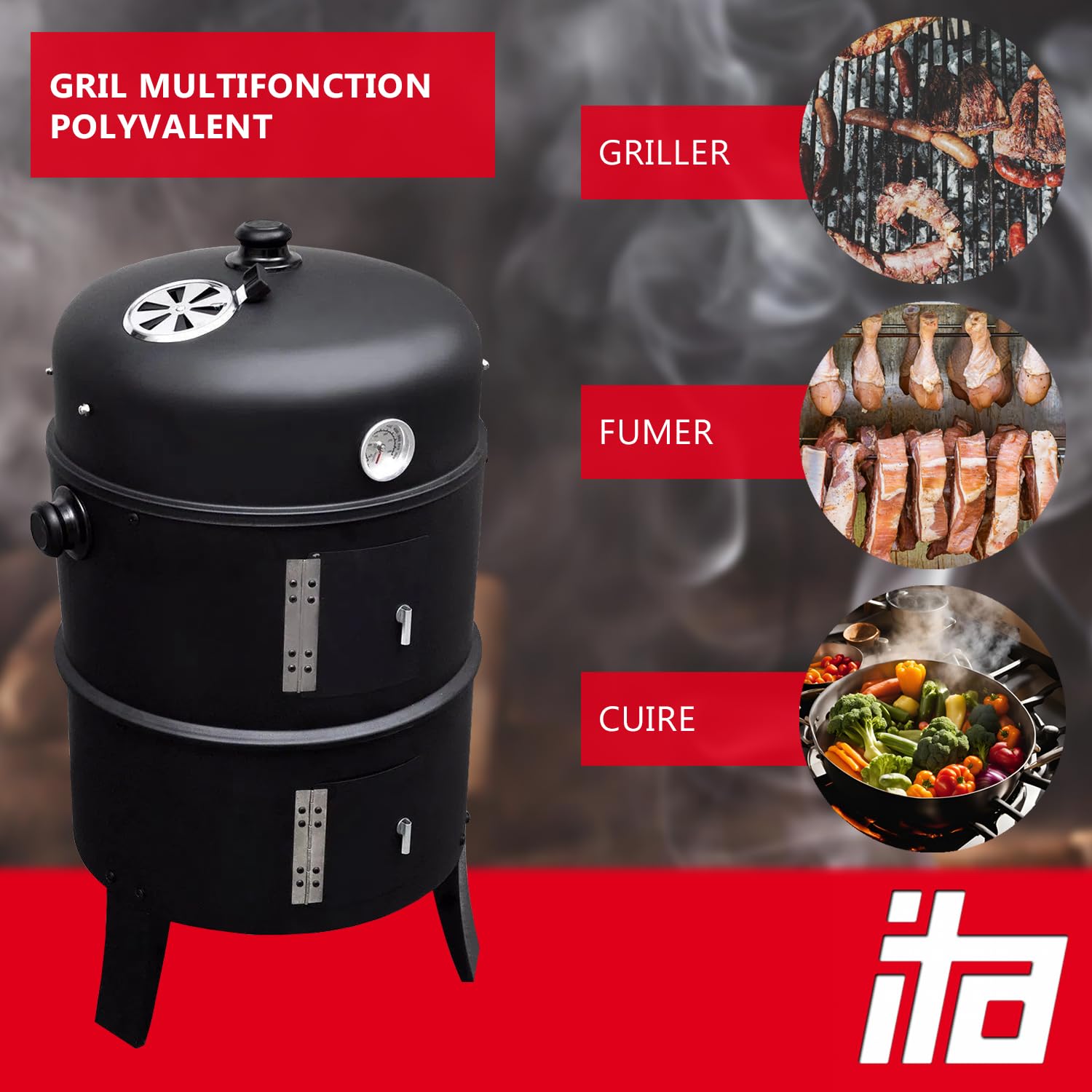 ITA Barbecue Multifonction 3 en 1 - Griller, Fumer, Cuire - Barbecue modulaire à Charbon de Bois avec thermomètre & régulation d'air sur Le Couvercle - Fumoir tonneau
