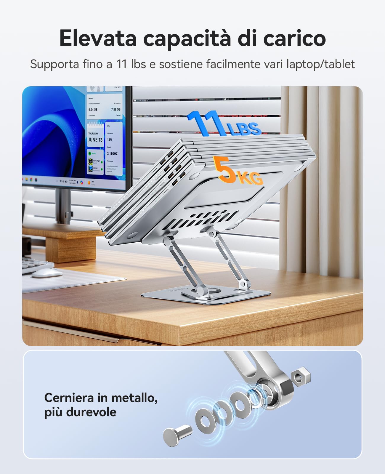 ORICO Supporto PC Portatile Ergonomico, Laptop Stand Regolabile 360° con Base Girevole, Supporto in Alluminio con Fori, per Scrivania, Compatibile con Notebook e Tablet 11-17", Argento ST12