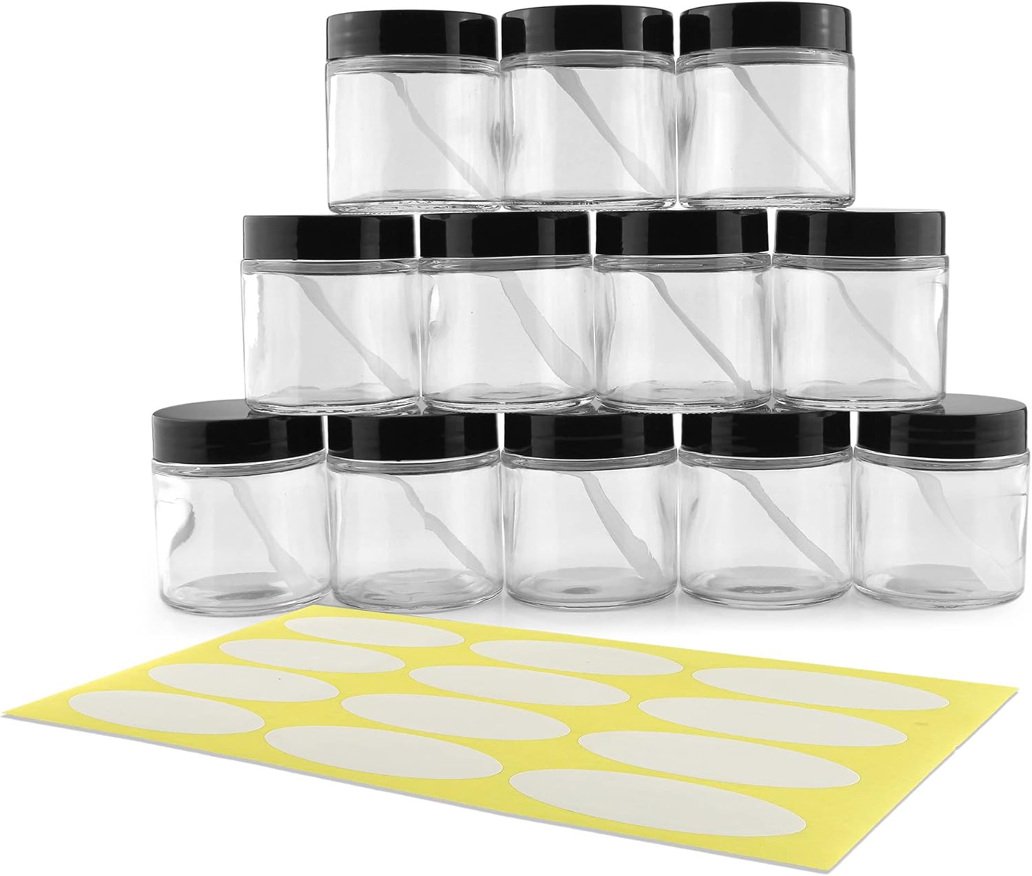 Cornucopia 4-Ounce Clear Glass Jars (12-Pack); Straight-Sided Containers for Cosmetics and Food Storage with Spatulas and Labels
