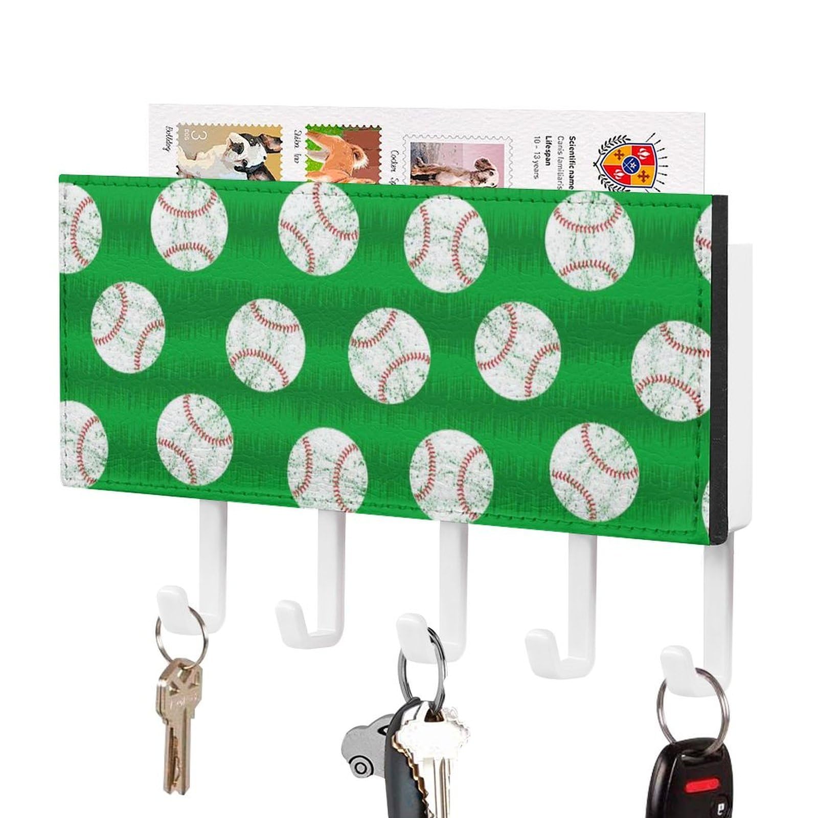 NCLQVJXZKHW Baseballs on Grass Key Holder with 5 Hooks Key Hooks Wall Mounted Key Racks Key Hanger Organiser Shelf