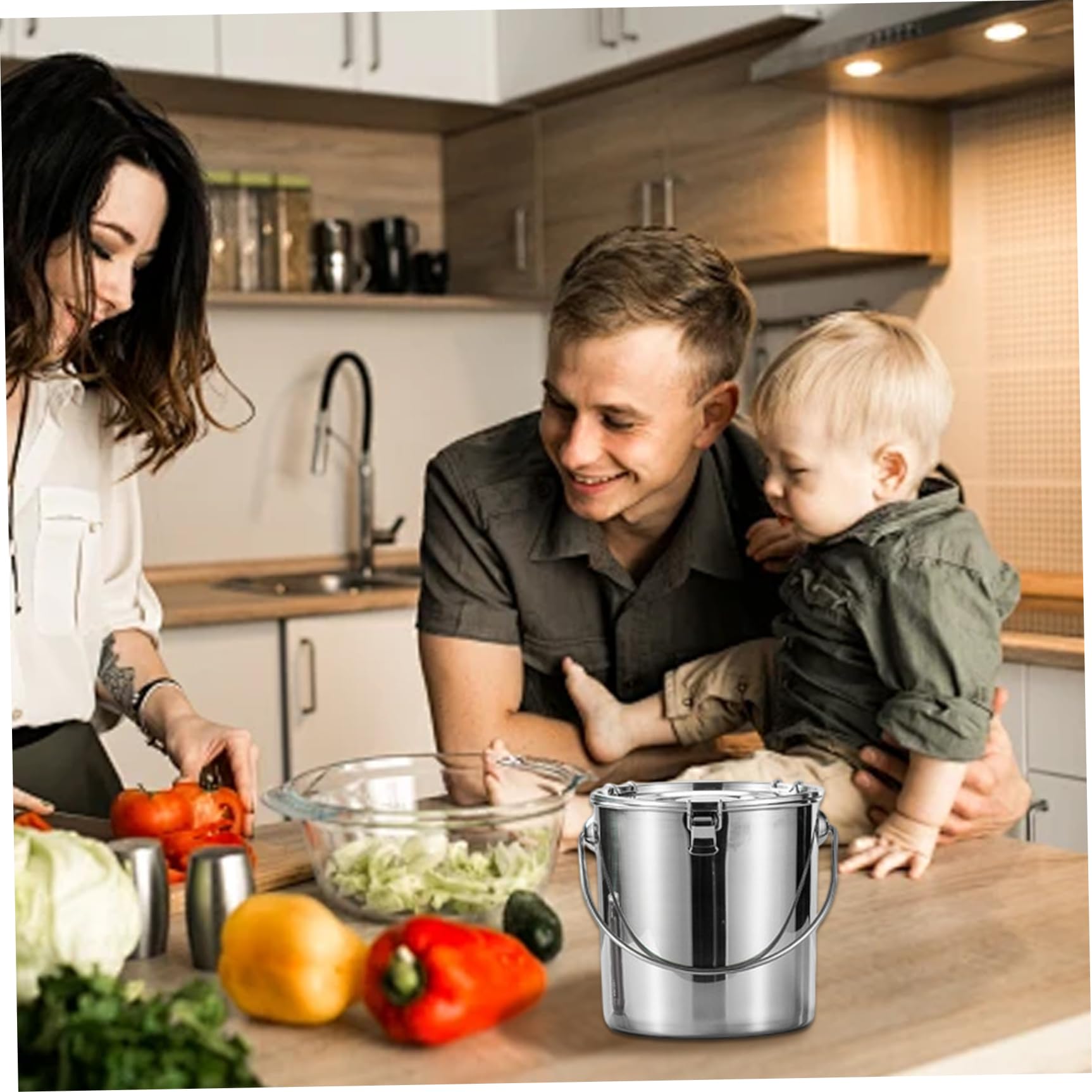 Almacenamiento de alimentos de acero inoxidable - Contenedor de 7 litros con tapas, cerraduras y asa, hermético multiusos