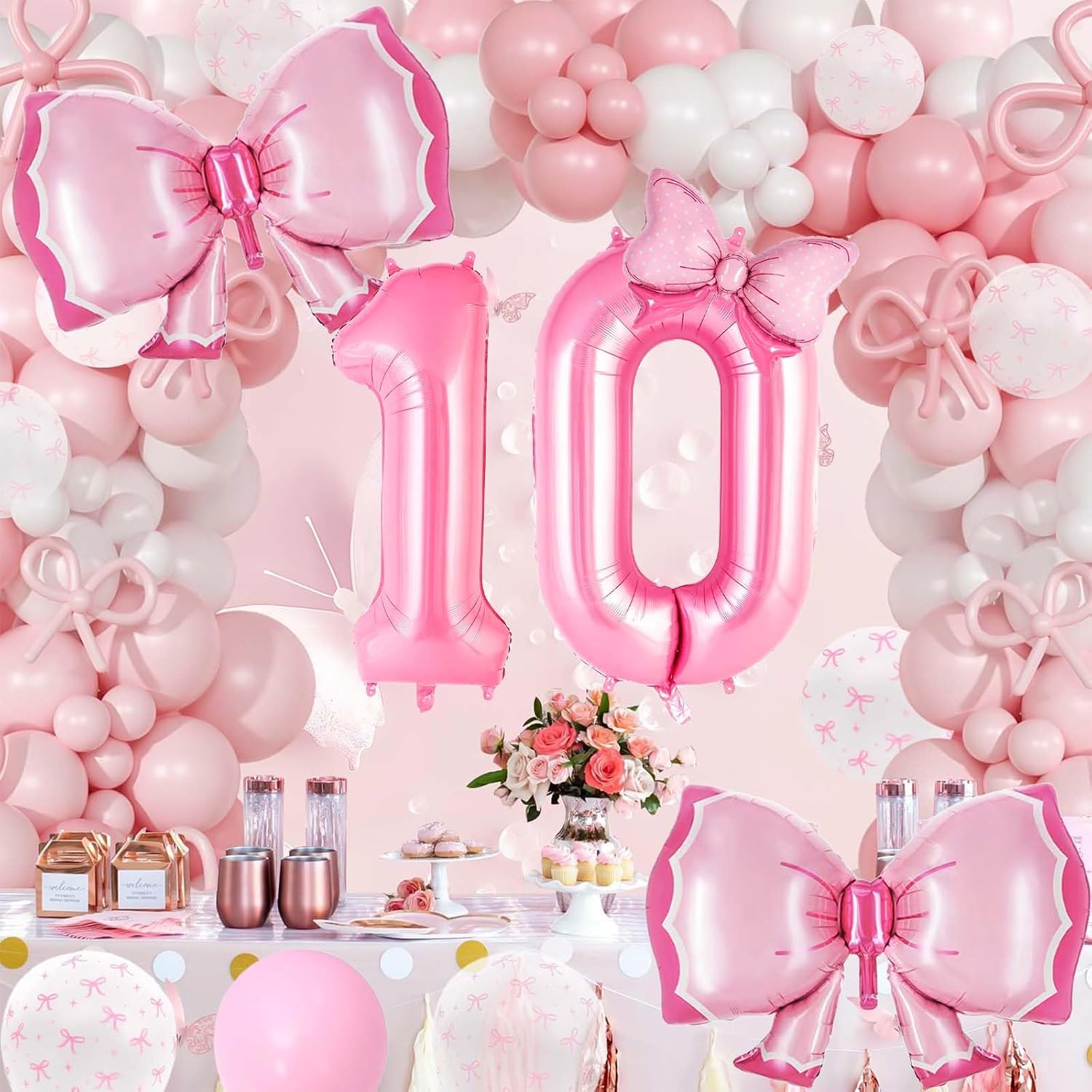 Coquette Birthday Decorations, Pink Bow Balloons Set with 40-Inch Number 10 Balloon, Pink Bow Birthday Decorations for Girls (Pink 10) image 5