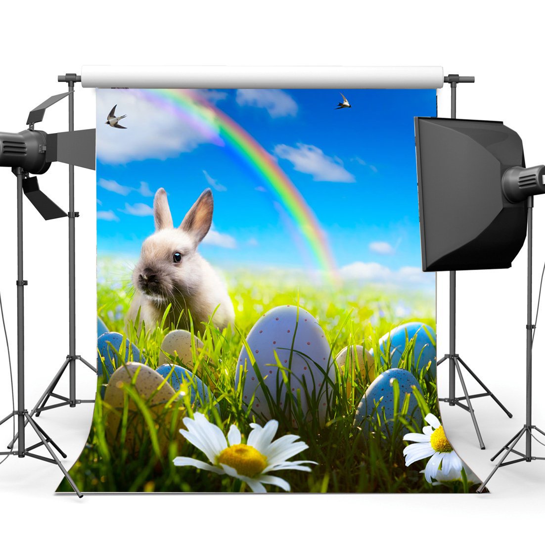 HasdropHappy Easter Backdrop 3X5FT Vinyl Frohe Ostern Backdrops Bunny Eggs Hunt Green Grass Fresh Flowers Birds Rainbow Spring Jesus Christ Photography Background for Kids Photo Studio Props HMM55