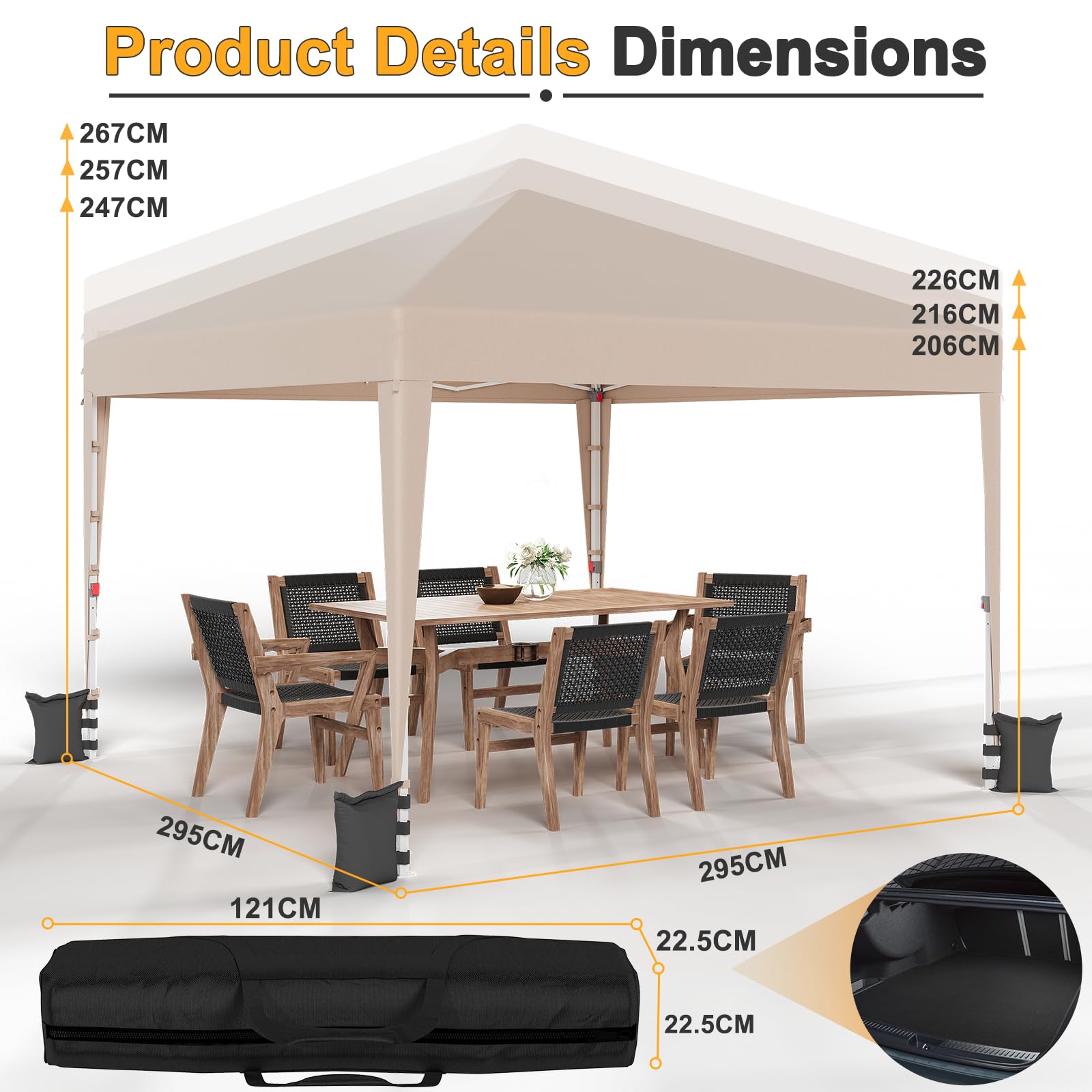 JUMMICO Tonnelle Pliante 3x3m Imperméable Anti-UV Hauteur Réglable - Beige | Pliage et Rangement Faciles - Système Amélioré Stable - Idéale Jardin, Camping, Fêtes et Loisirs