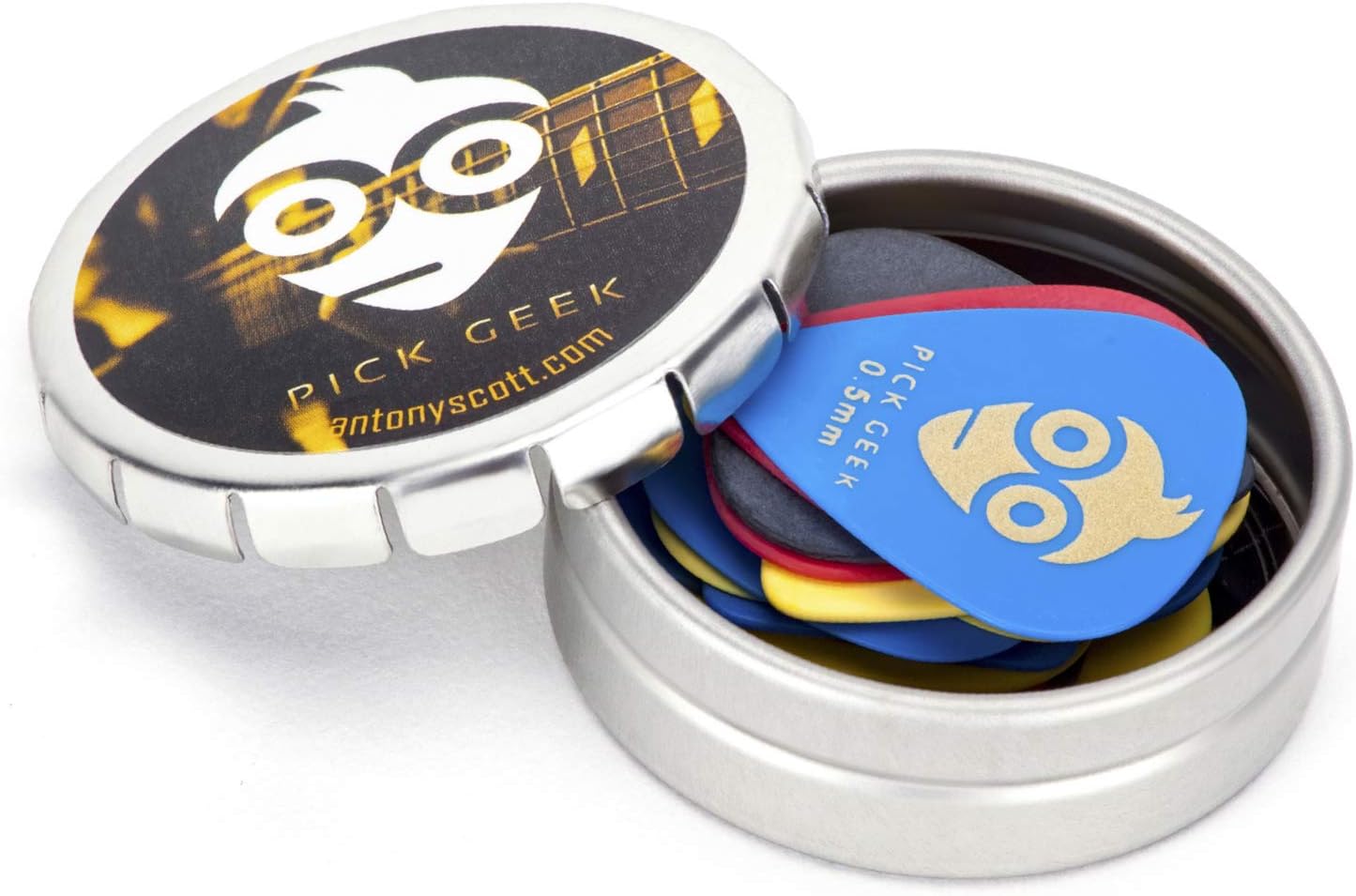 Pick Geek Delrin Guitar Pick Set -16 Cool Custom Guitar Picks (Plectrums) for Your Electric, Acoustic, or Bass Guitar - Light, Medium, Heavy & X-Heavy - Presented in a Luxury Metal Pocket Box