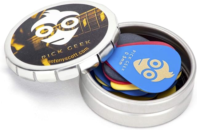 Pick Geek Delrin (Tortex) Pick Set | 16 Cool Custom Guitar Picks Plectrums for Your Electric, Acoustic, or Bass Guitar | Thin, Medium, Heavy & X Heavy | Presented in a Luxury Designed Metal Pocket Box
