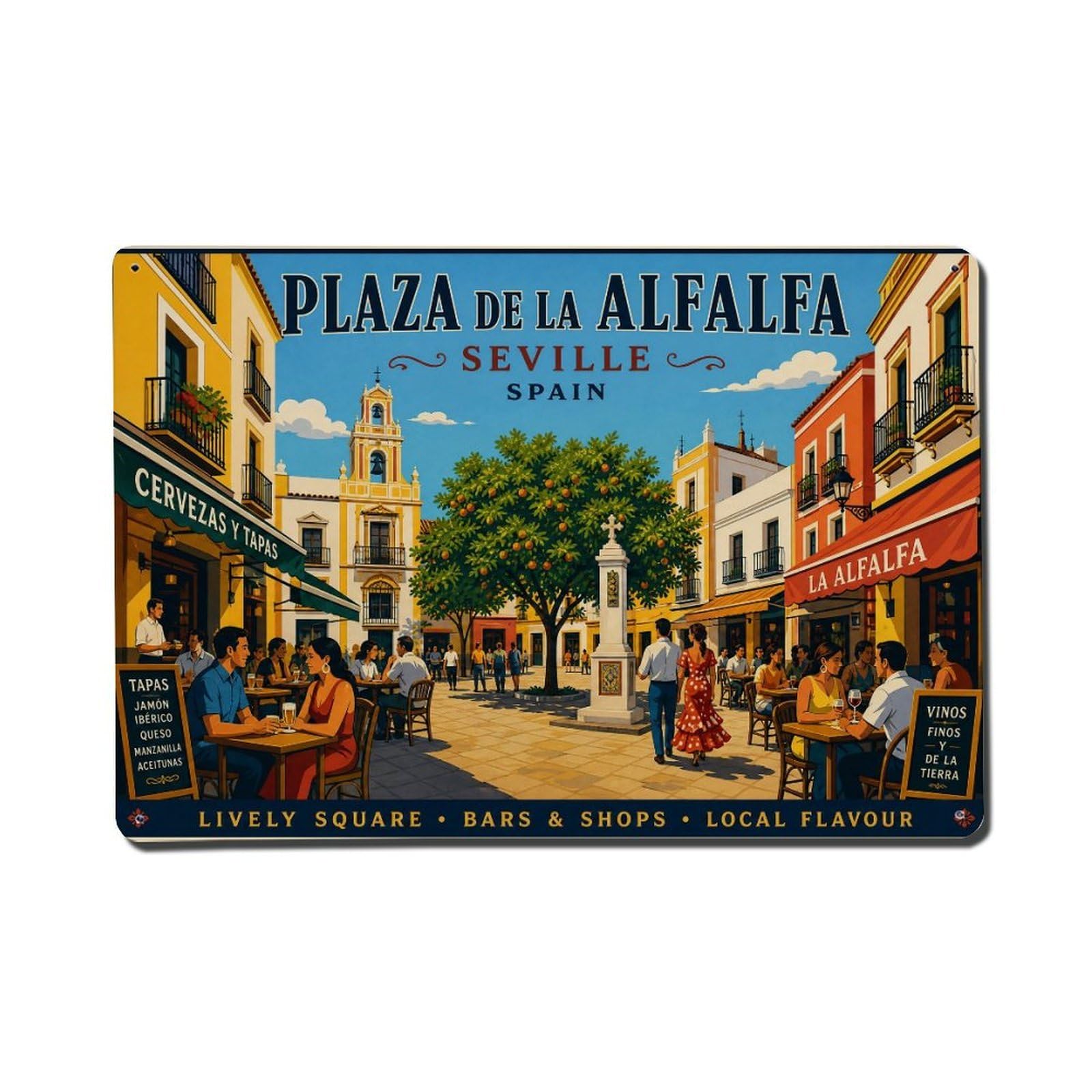 Vintage Travel Plaza Alfalfa Seville Neighborhood Square Metal Tin Sign