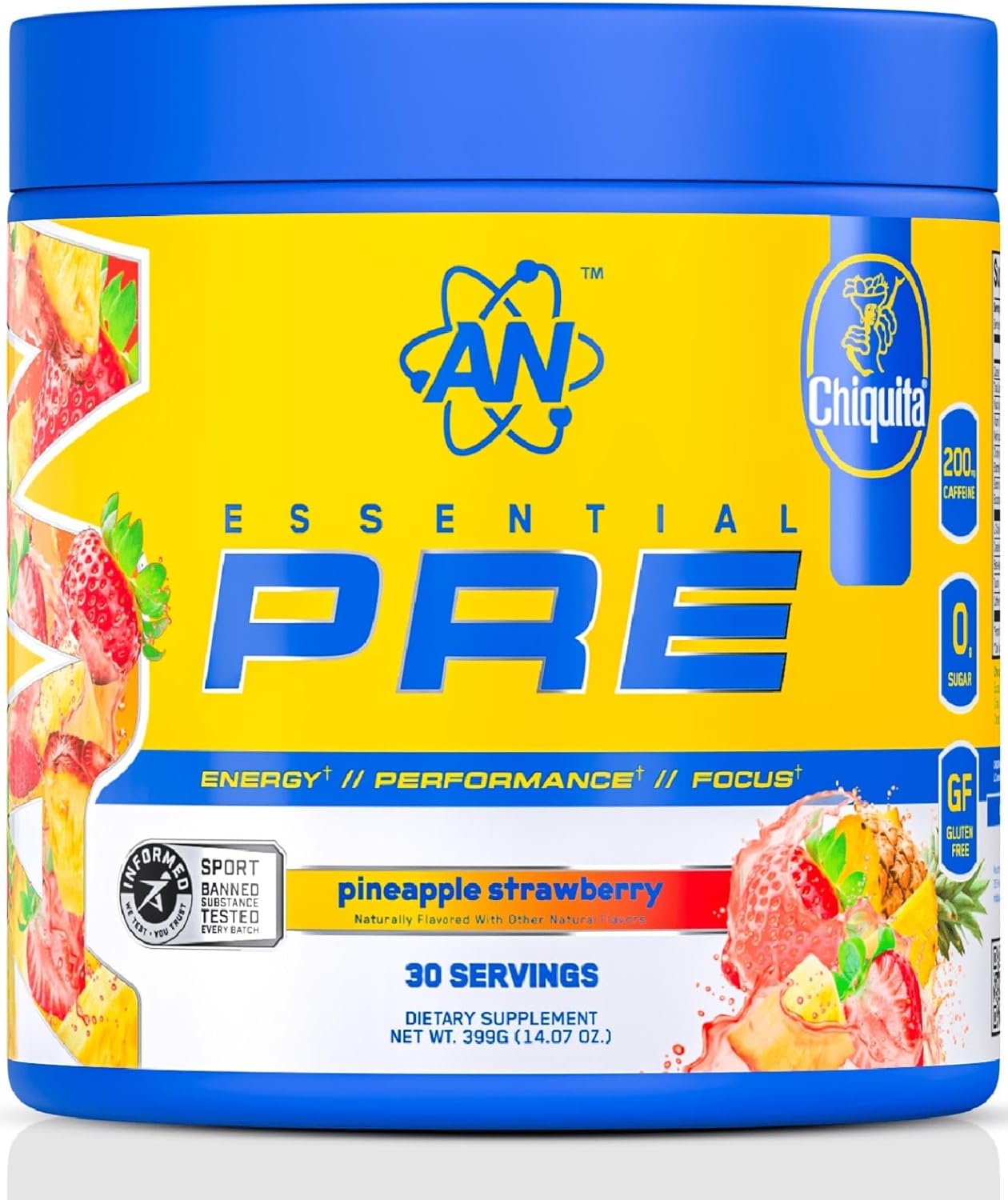 AN Essentials Pre-Workout Powder Supplement for Men & Women | Energy Mix with 200mg Caffeine, Beta Alanine, Citrulline, & Creatine | Chiquita Pineapple Strawberry | 30 Servings