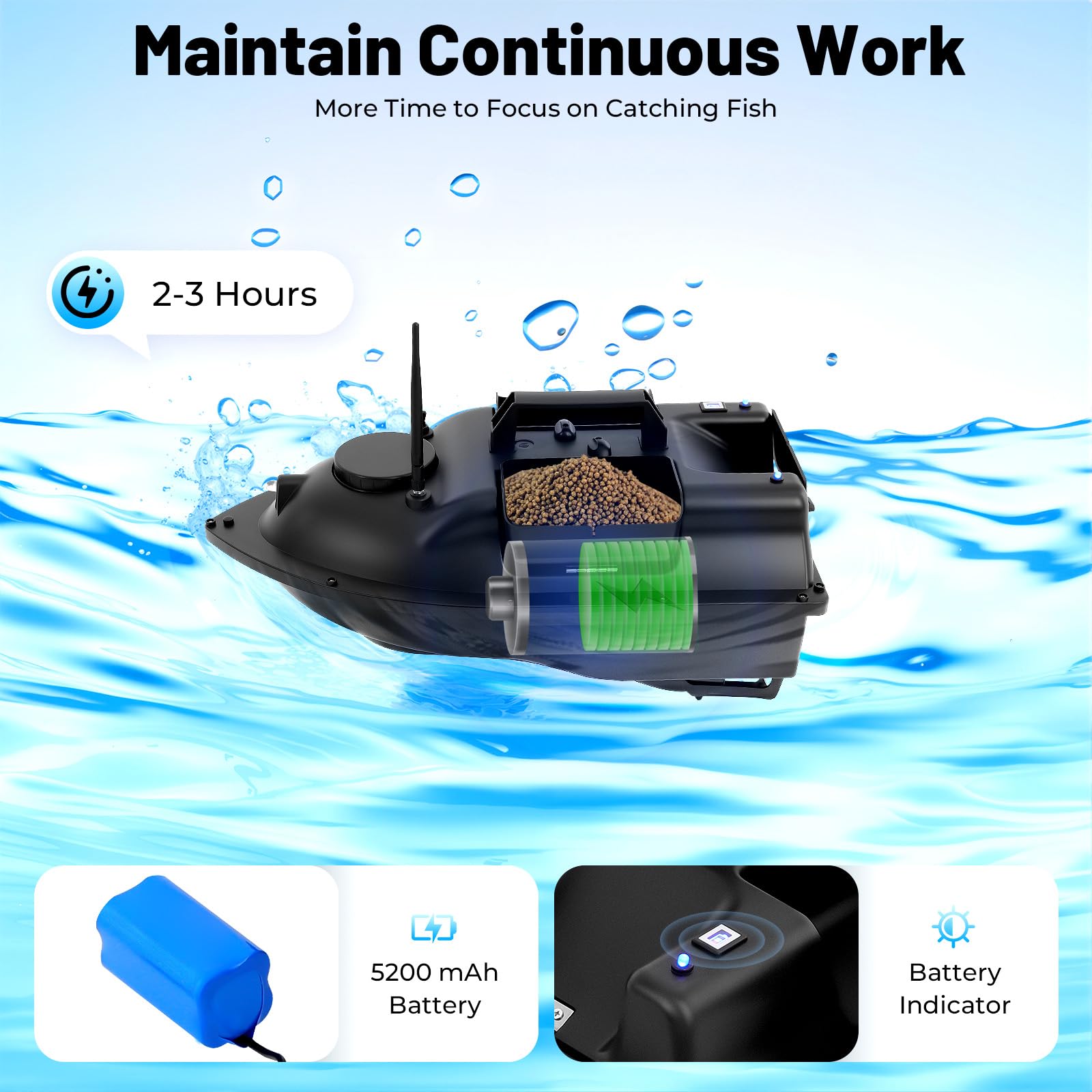 Barca telecomandata, Barca di Pesca, Pesca Carpa, Barche Esca Pesca Battle Boat Rc 500M, Barca Esca Pesca con Wireless, B-ateau Primer con 2 Motori (3 Silos Nero)