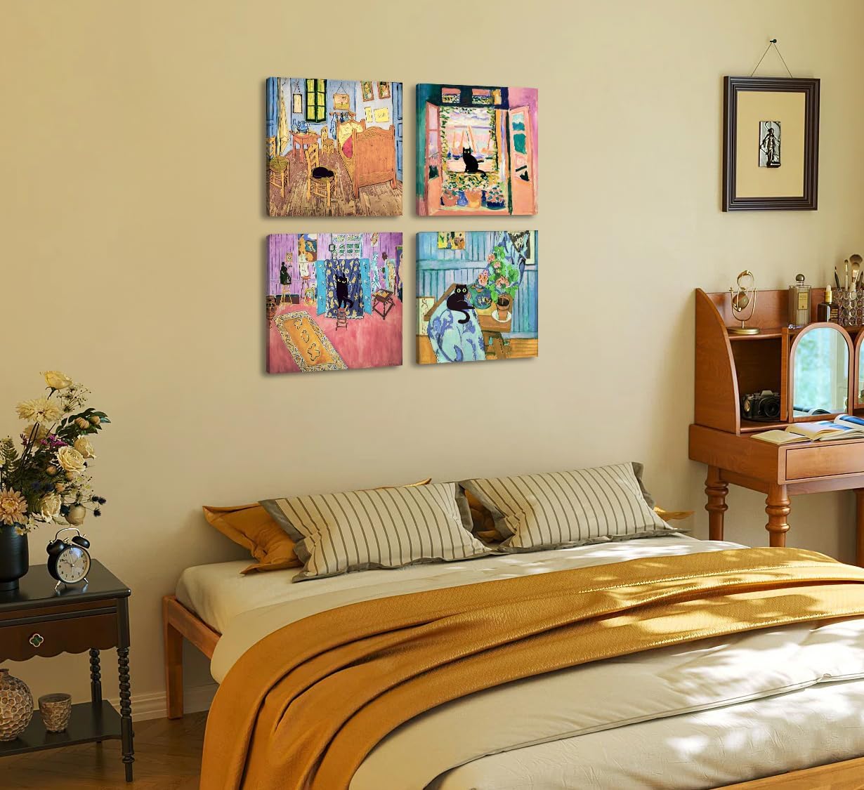 Black Cat Wall Art Set of 4, Funny Cats in Monet's Garden Flowers Famous Paintings Reproductions, Framed Canvas Prints Aesthetic Wall Decor for Living Room Bedroom Office, Unique Gift for Cat Lovers