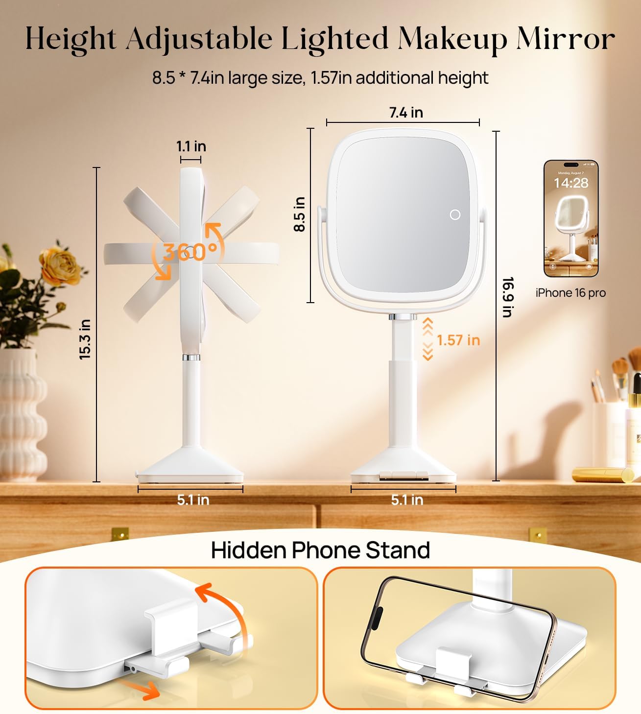 Gospire 1X/10X Lighted Magnifying Mirror with Lights, Height Adjustable Lighted Makeup Mirror with Magnification for Desk, Hidden Phone Stand, 4000mAh 3 Color Modes for Vanity - White