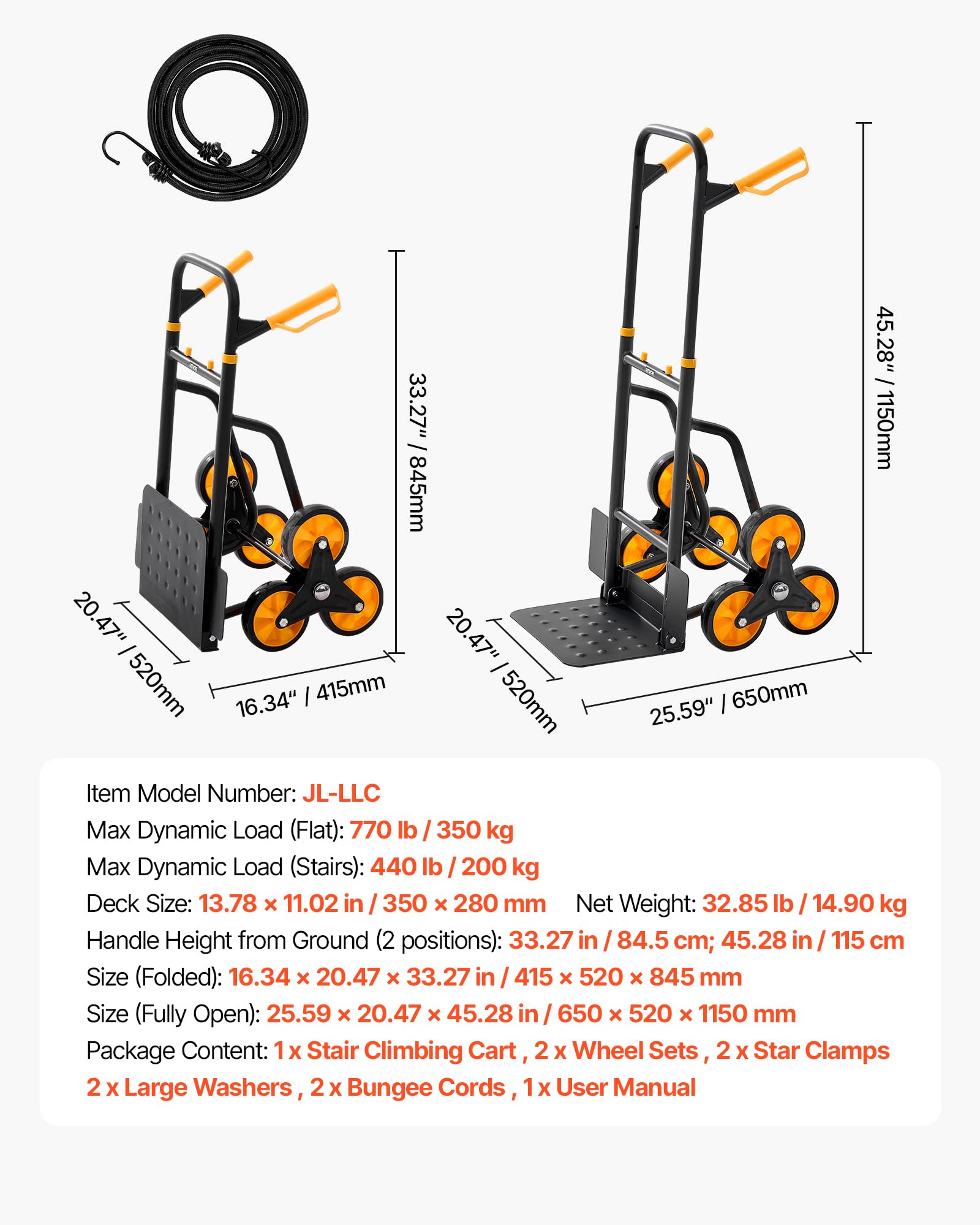 VEVOR Carretilla para Subir Escaleras Carga de 200 kg, Carro de Escalera Plegable con Asa Telescópica, 6 Ruedas y 2 Cuerdas Elásticas, para Transporte, Almacén, Centro Comercial, Mudanzas, Oficina