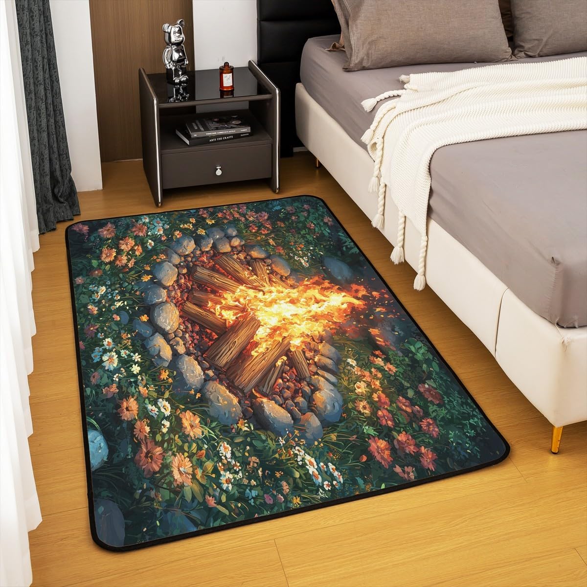 Campfire Area Rug 3'x5',Happy Camping Decor Non Shedding Rug for Kids Teen Adults,Tree Stump Woodland Campsite Decorative Carpet for Playroom Bedroom Dining Room,Camping Adventure