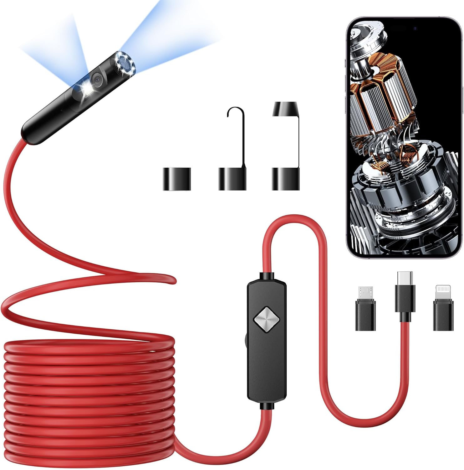 Endoscope with Light, 1920P HD Borescope with 8 Adjustable LED Lights, 32.8FT Semi-Rigid Snake Camera, IP67 Waterproof Inspection Tool for iPhone & Android - Dual Lens (Red)