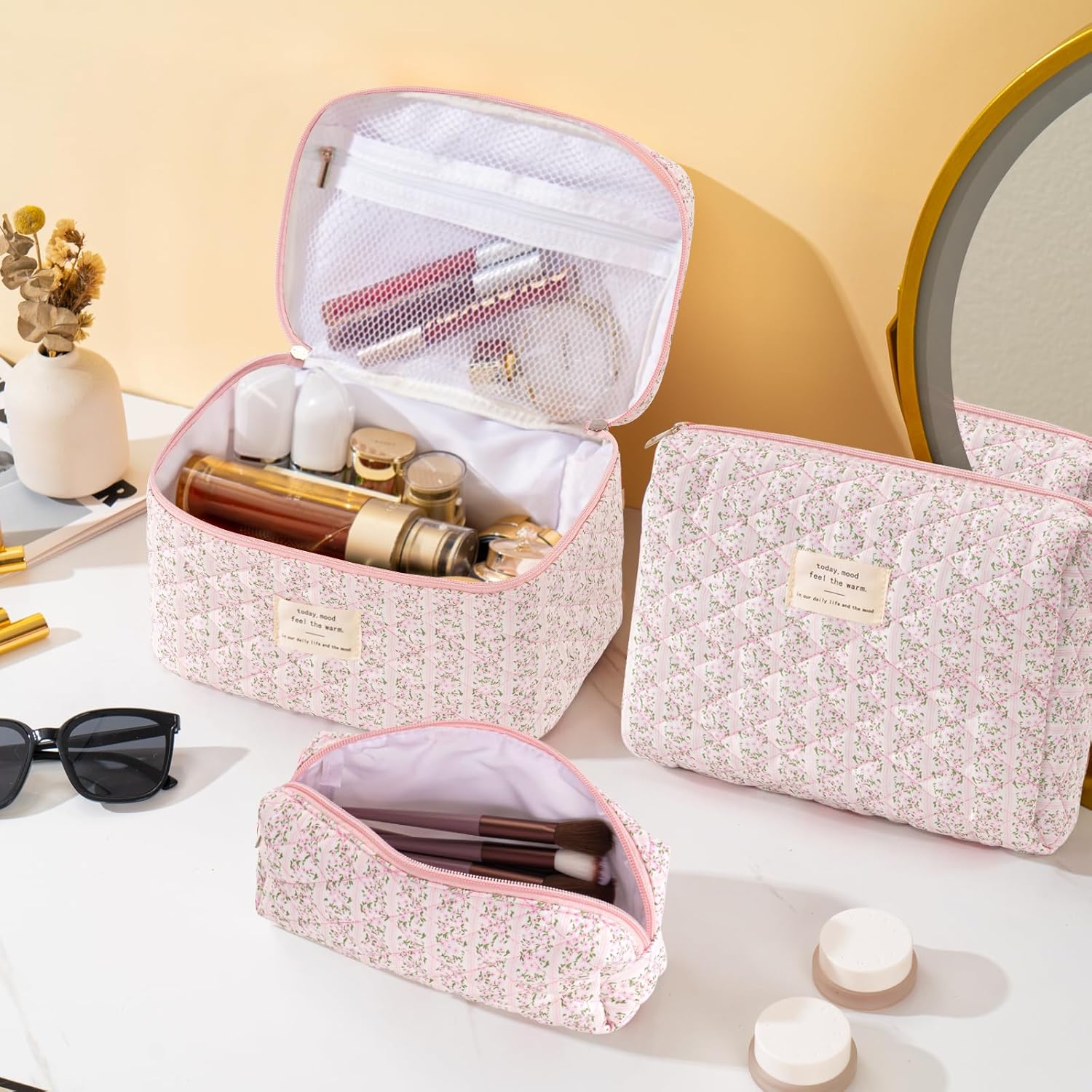 Makeup Bag for Women 3PCS Quilted Cotton Make Up Bag Travel Cosmetic Bag Large Makeup Bag Set Cute Makeups Organizer Floral Toiletry Pouch for Purse, Pink Stripe - Image 2
