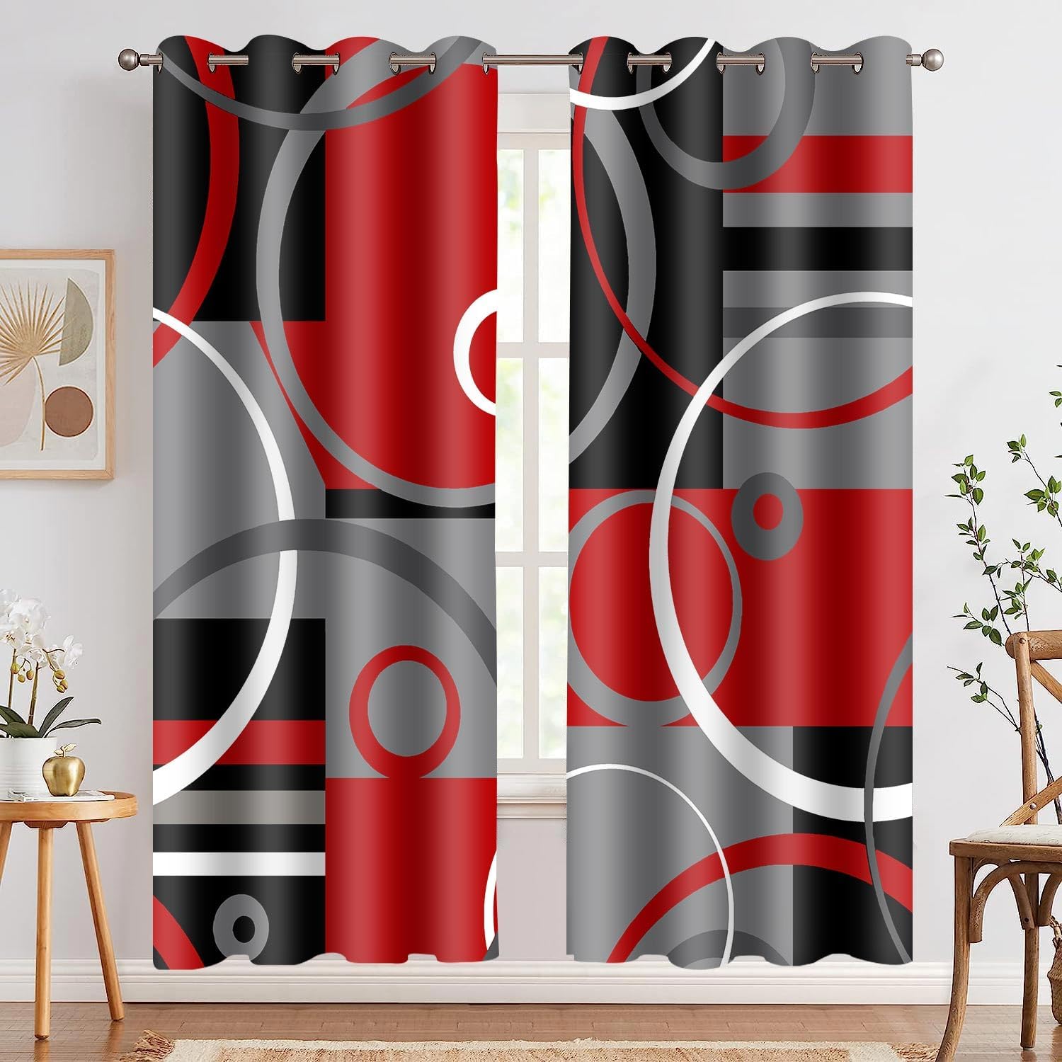Red Black Geometric Line Curtain Grey Plaid Modern Abstract Retro Blackout Window Treatment Drape for Bedroom Living Room 52x63 Inch