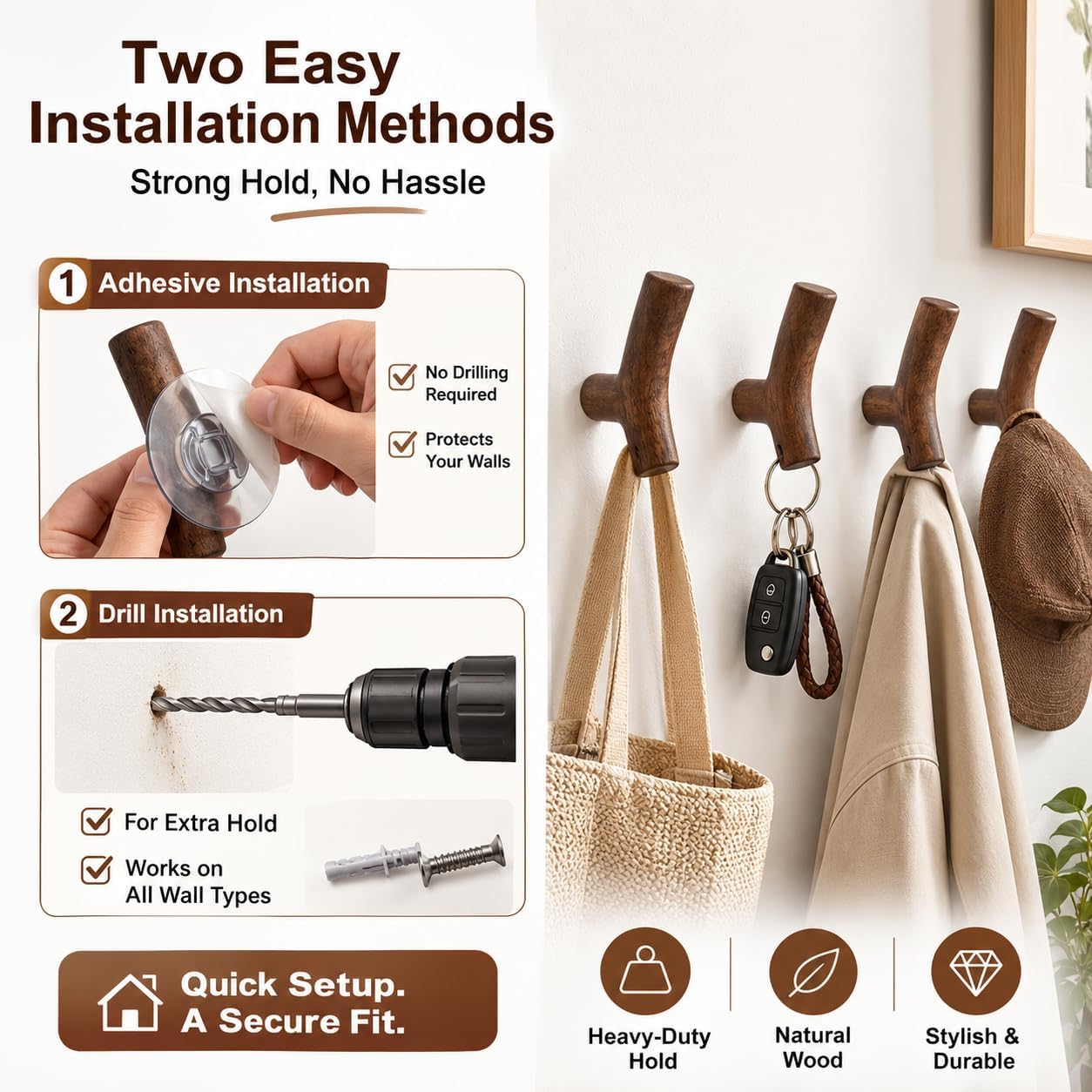 Walnut Wood Branch Wall Hooks, 4 Pack, Coat Hooks for Hats, Keys & Bags