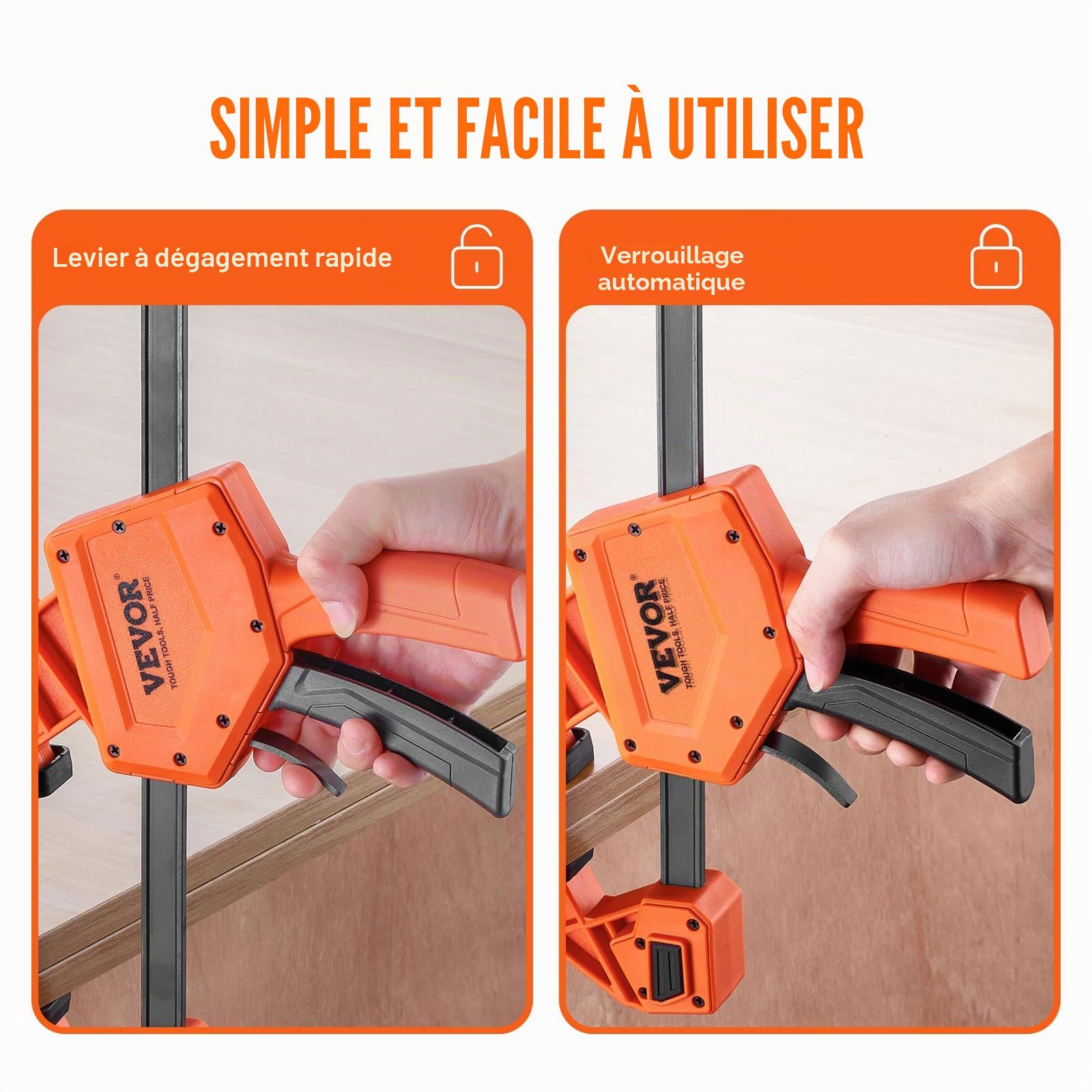 VEVOR Jeu de 2 Serre-Joints à Libération Rapide Serre-Joint à Une Main Ouverture 609,6 mm Saillie 84,6 mm Force de Serrage Max. 136 kg Pince Écarteur Réversible pour Charpentier Menuisier Métallurgie
