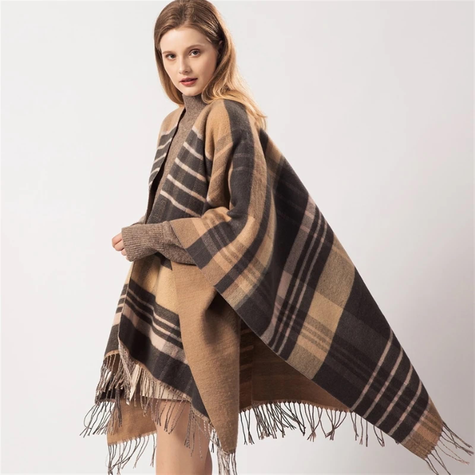 Poncho Lavorato A Maglia Da Donna Mantello invernale a quadri lavorato a maglia cardigan donna autunno mantello femminile femme poncho