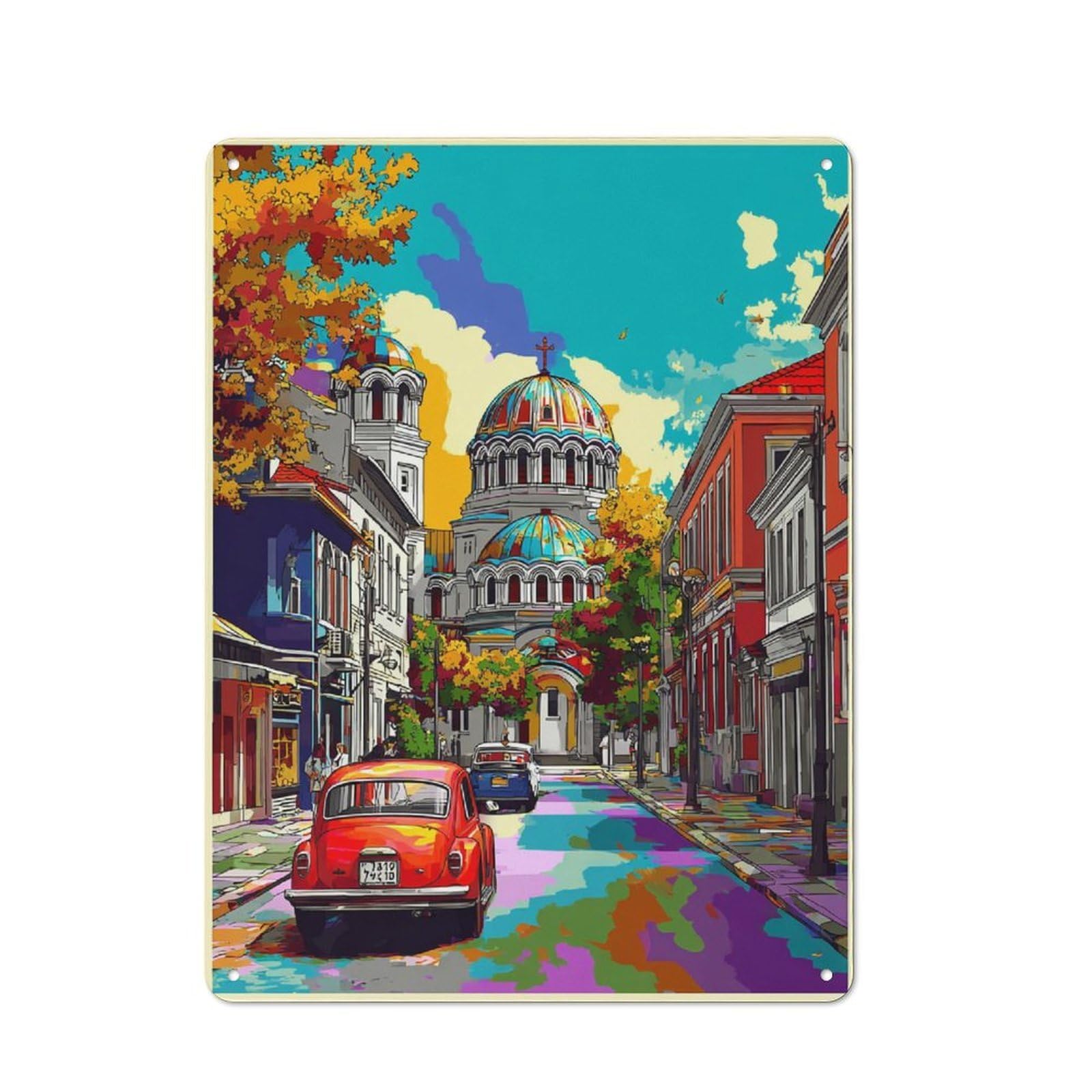 Junmoney Colorful Cityscape With Vintage Cars Tin Wall Plaque 40X30cm With For Café Or Restaurant, Suited To Restaurant Decor Fans