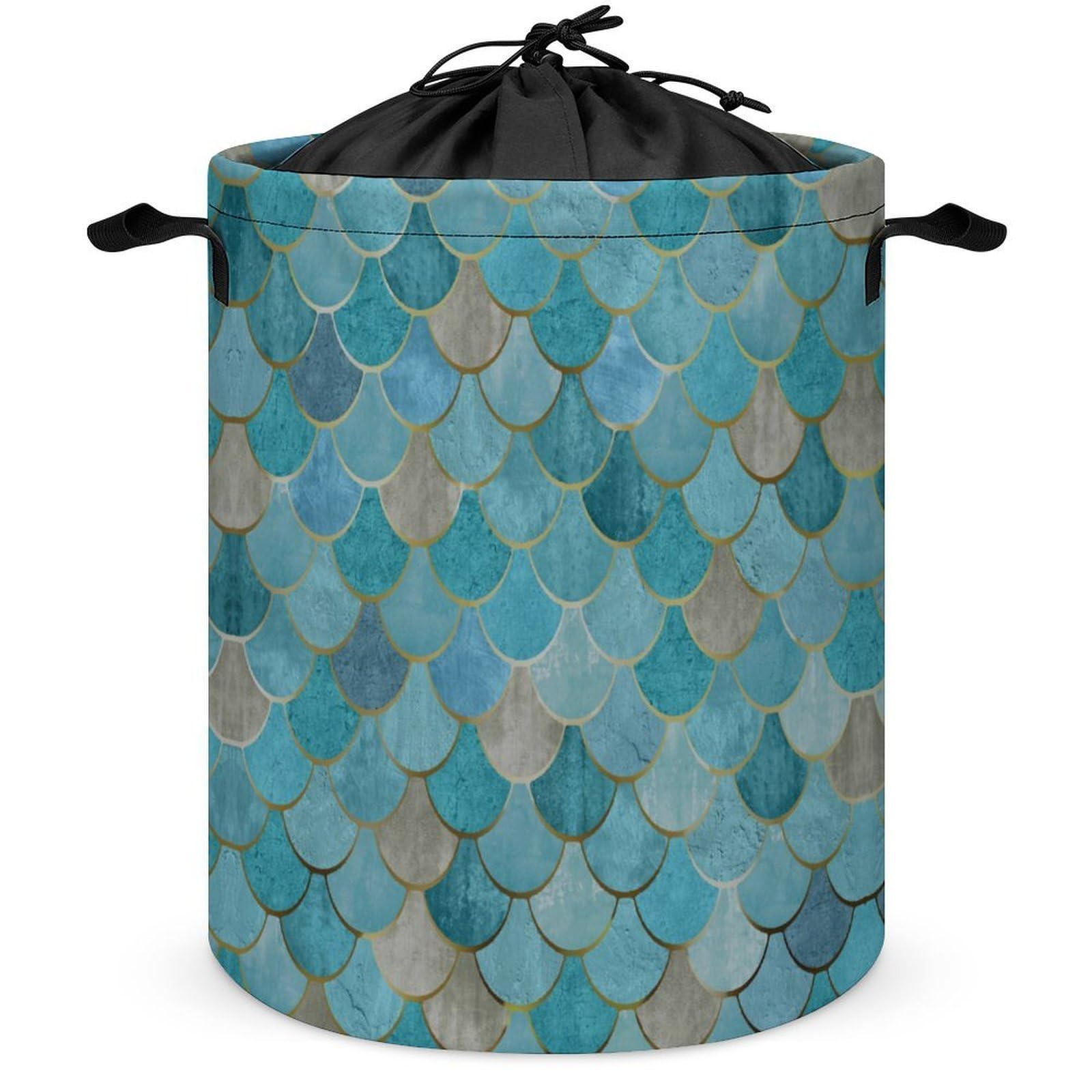 Qjjinxior Drawstring Laundry Hamper, Gold Mermaid Scale Laundry Basket, Washing Basket with Handle