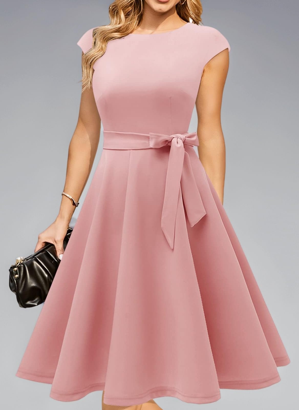 DRESSTELLS Women's Vintage 50s Round Neck Short-Sleeved Bridesmaid Dress, Cocktail Party, Wedding Dress, Blush, XXXL