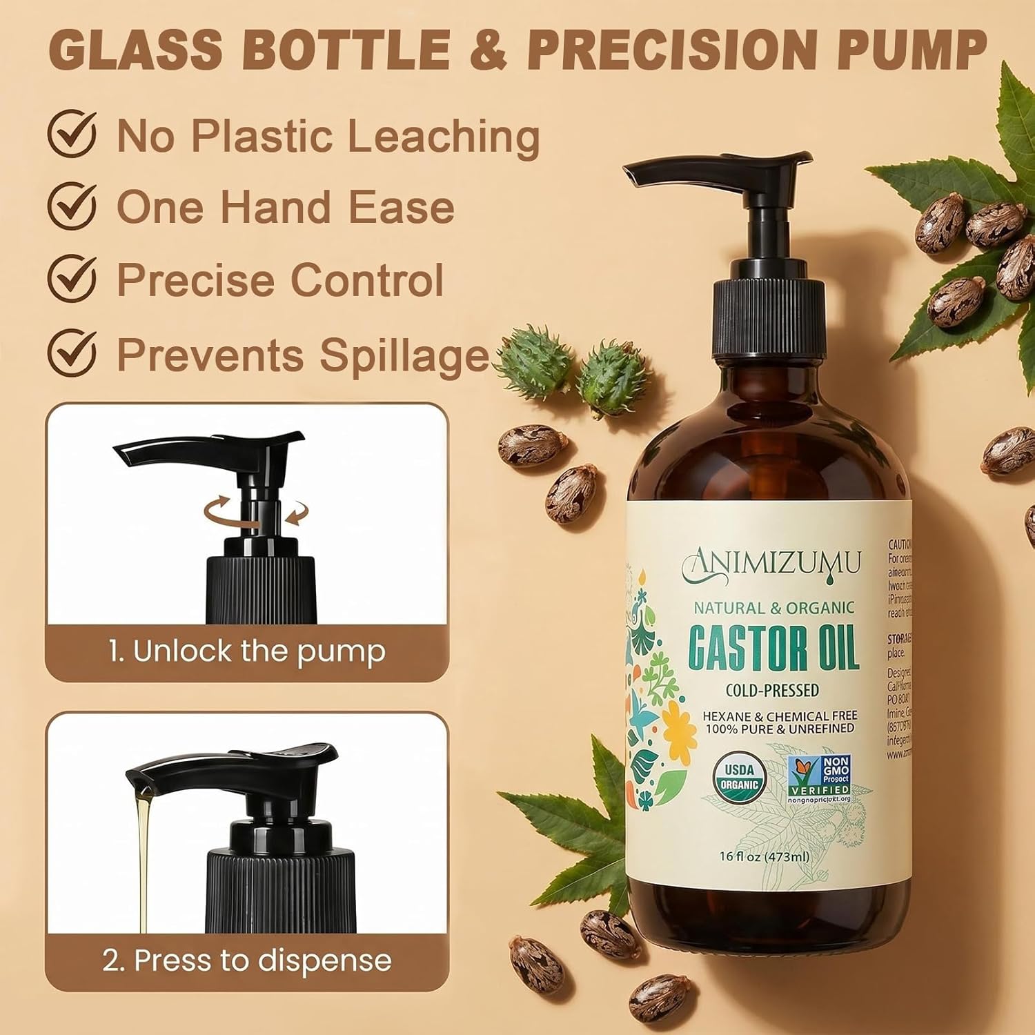 USDA Organic Castor Oil Cold Pressed,Unrefined Glass Bottle Hexane-Free Non-GMO Vegan,100% Pure Castor Oil for Hair Growth,Scalp,Face,Skin,Eyelashes,Eyebrows,Body Massage & Castor Oil Pack Wrap 16oz