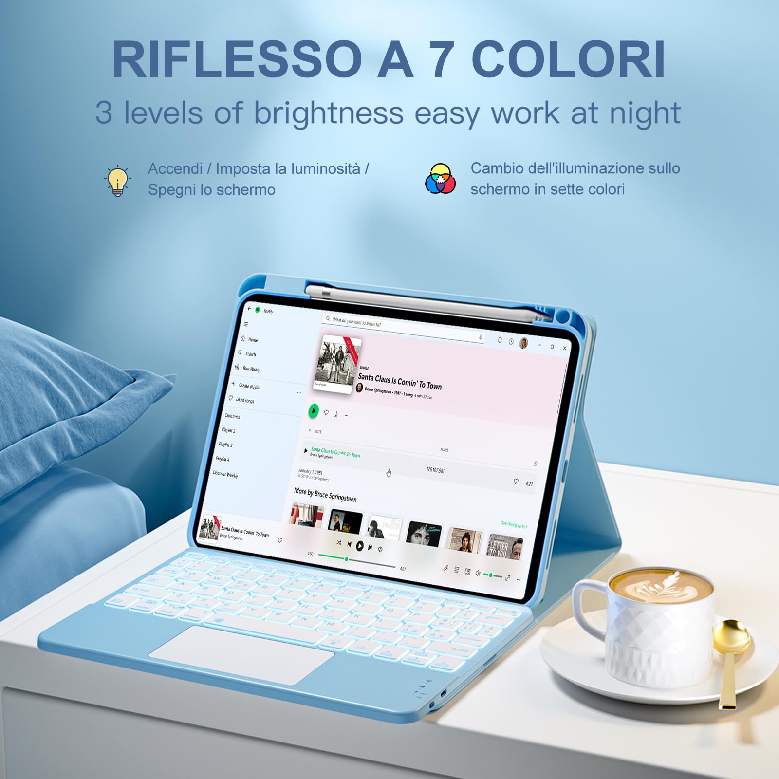Vobafe Tastiera iPad 10 Generazione 10.9 Pollici 2022, Cover con Tastiera Rimovibile iPad A16 11 Gen 2025 con Trackpad, Italiano QWERTY con 7 Colori Illuminato, Custodia con Portapenna,Blu chiaro